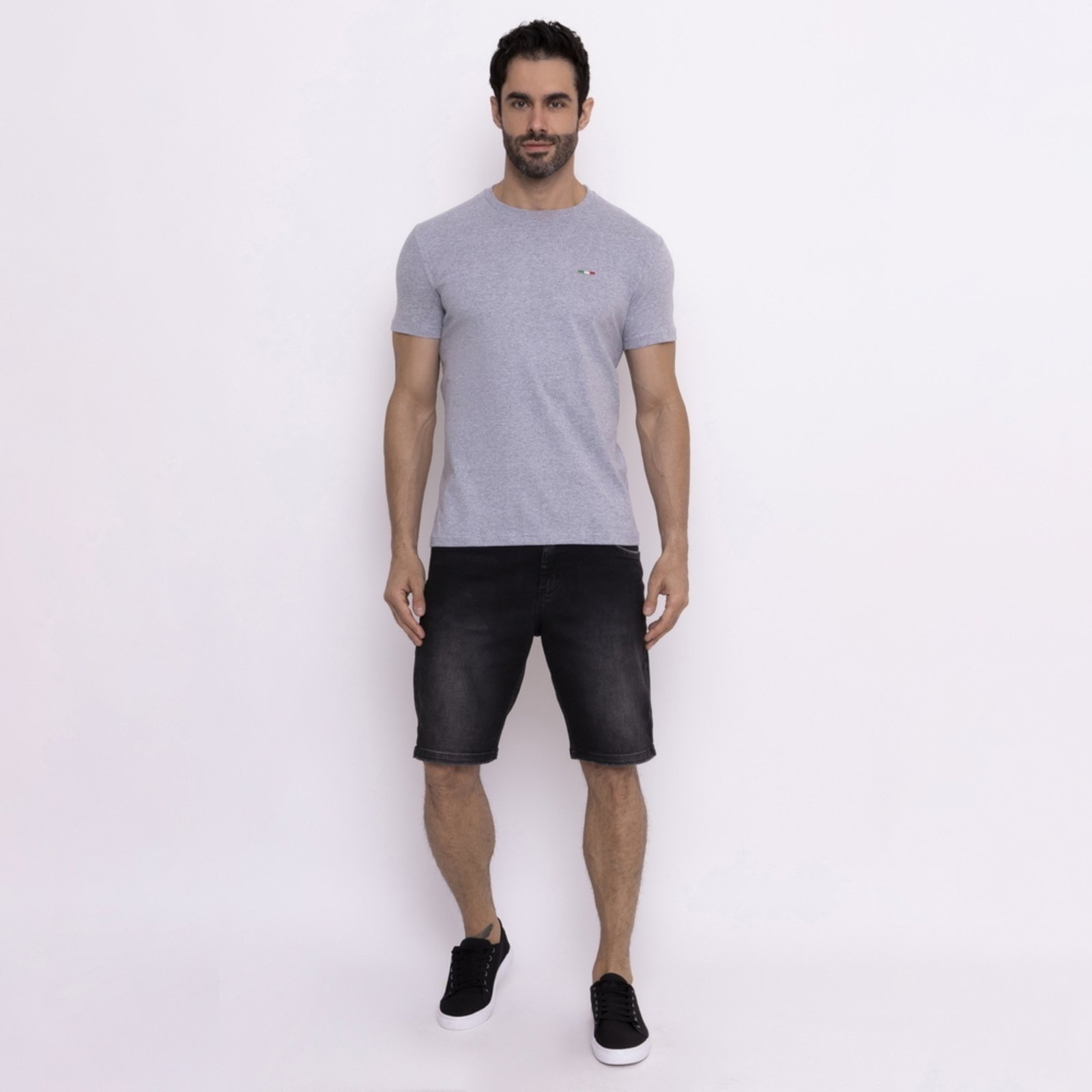 Camiseta Masculina Básica Vih Triny com Bordado no Estilo Tommy Algodão Premium Itália Cinza