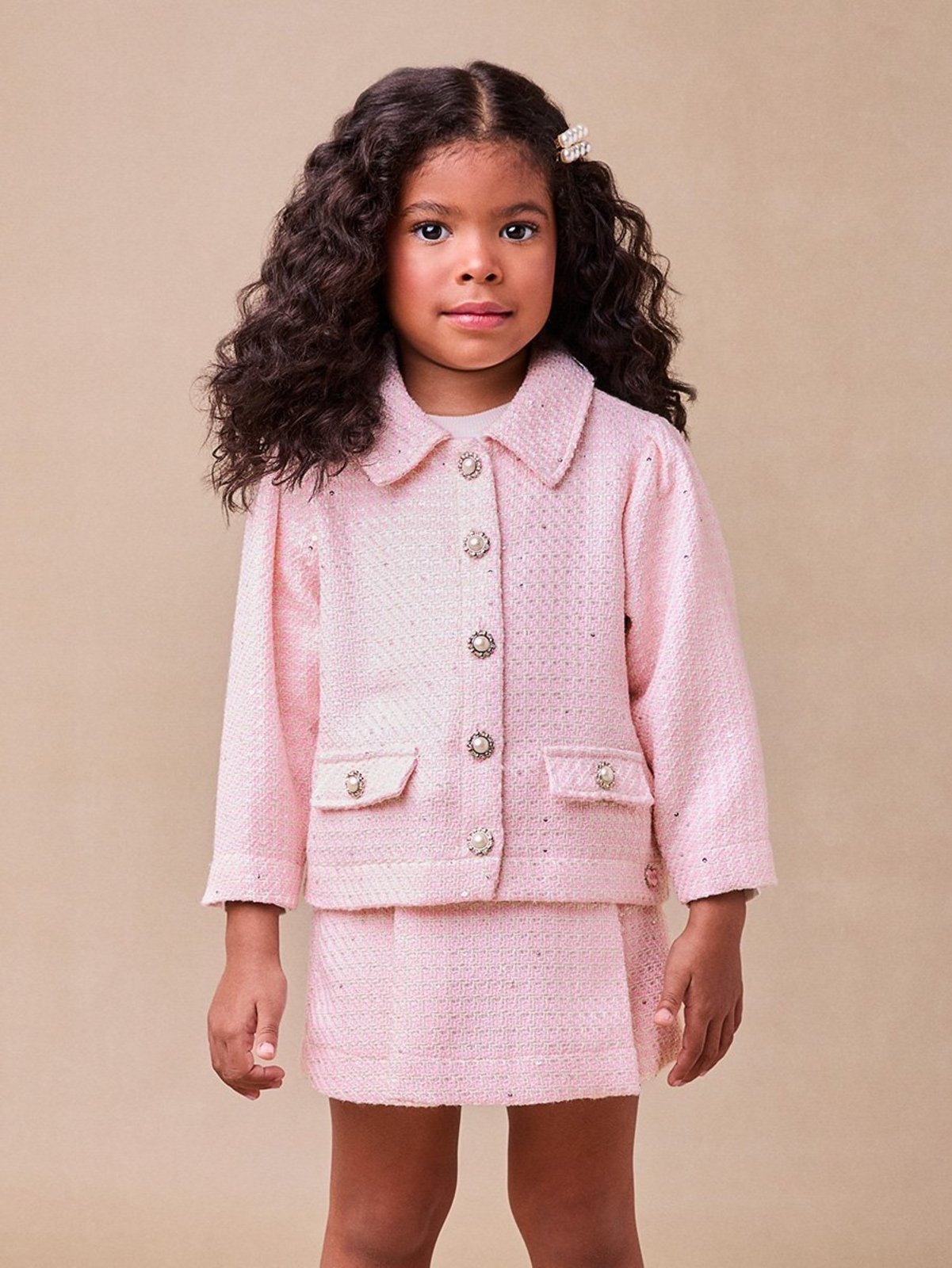 Infantil - Casaco de Tweed Rosa com Pérolas