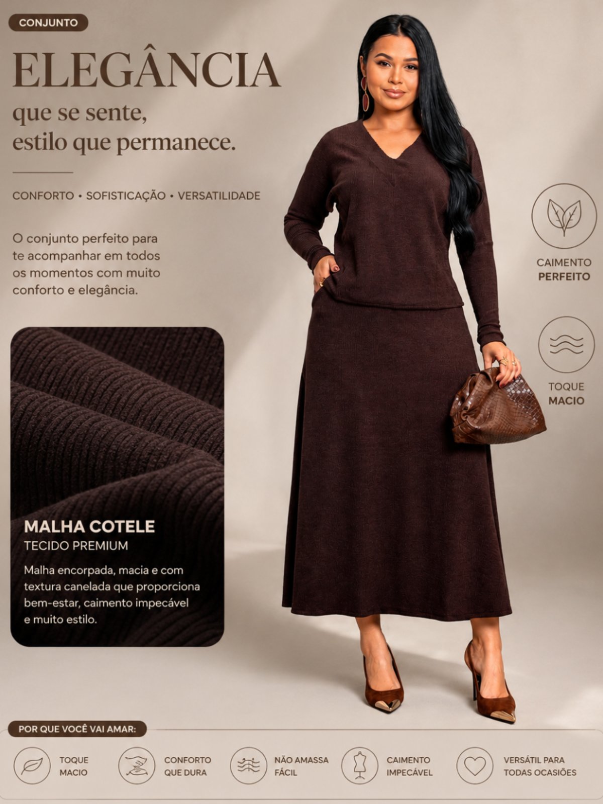 Conjunto Feminino Casual Elegante Saia Midi e Blusa Manga Longa Gola V Inverno Marsala