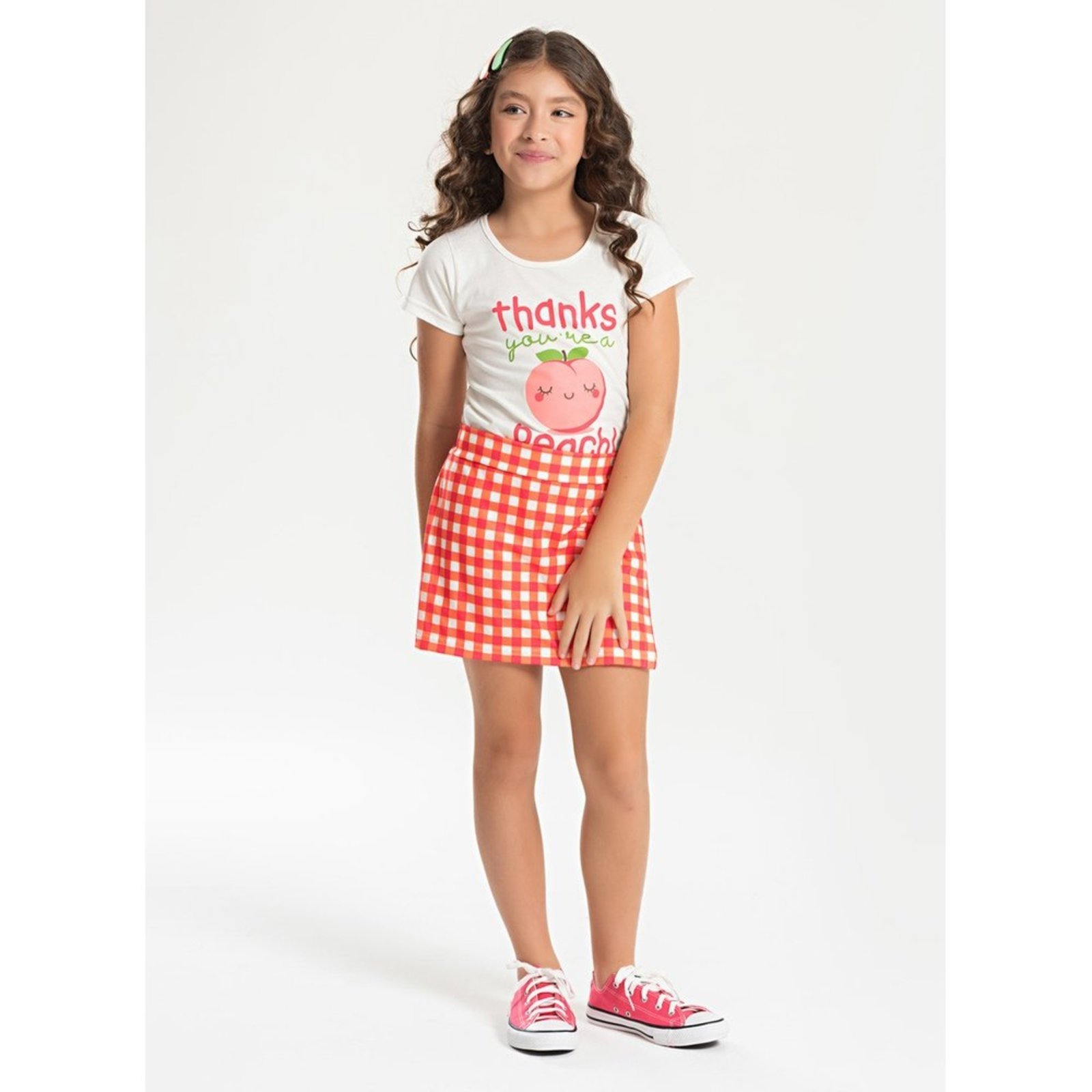 Vista 2 Infantil - Conjunto Verão Menina Natural Blusa e Short Saia Pêssego Molekada bege natural Molekada bege natural