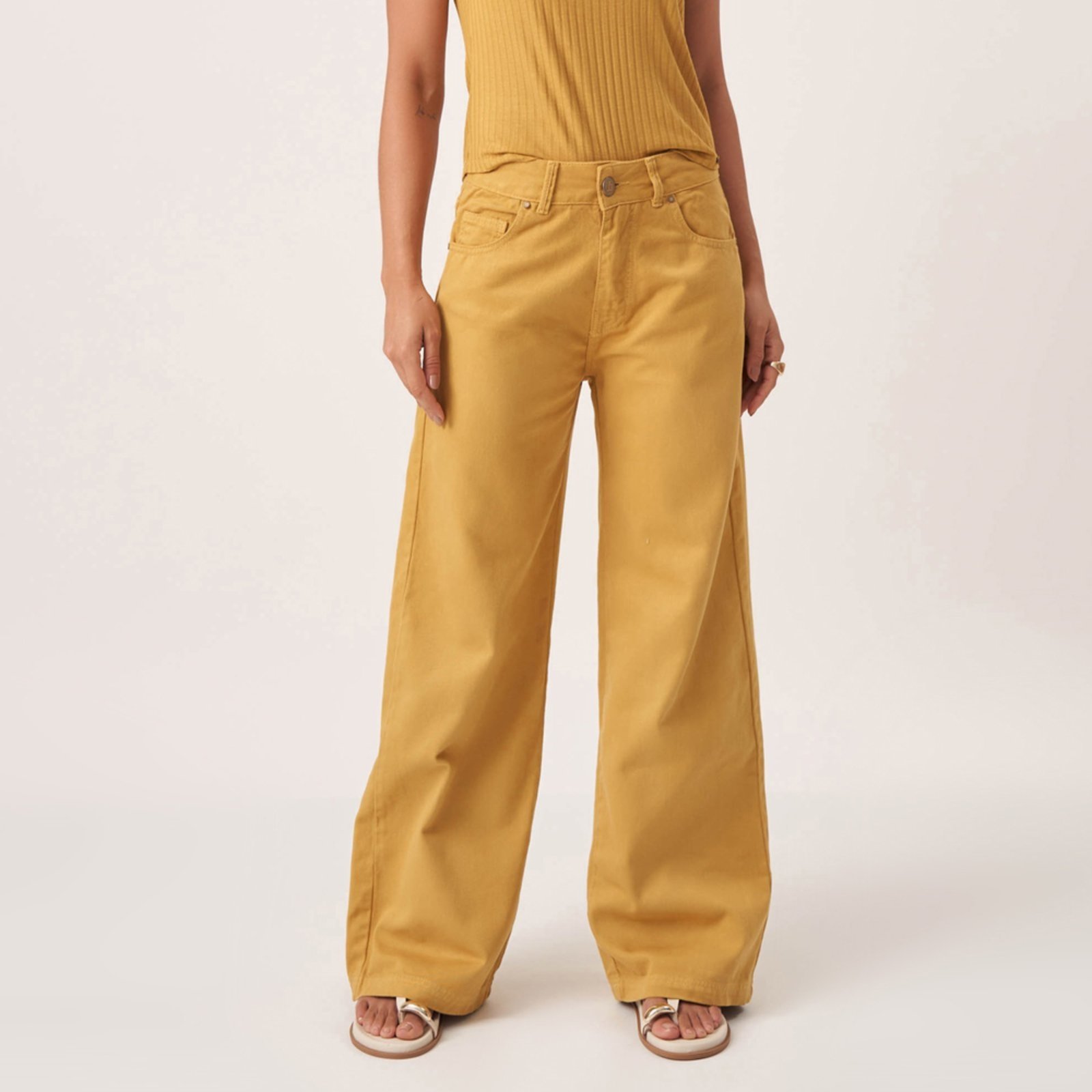 Calça Jeans Color Wide Leg Amarelo