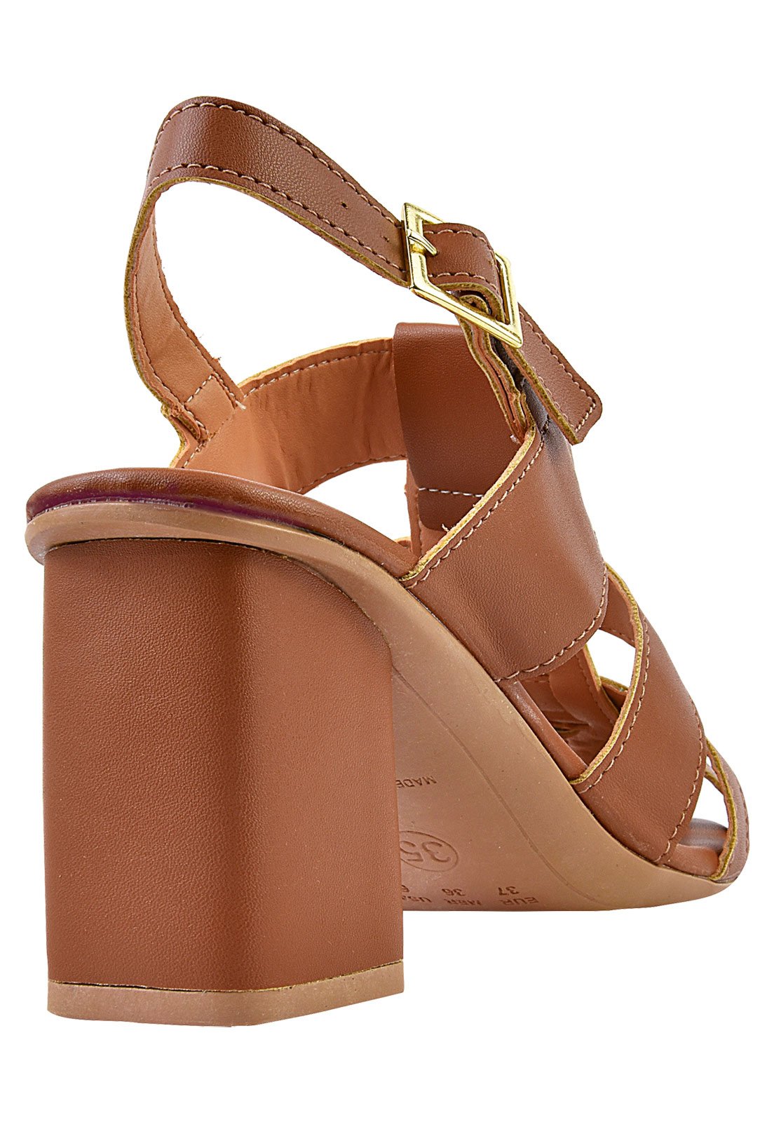 Sandália Salto Grosso Rosa Chic Calçados Feminino Salto Alto Bloco Bonnie Fisherman Bico Quadrado Caramelo