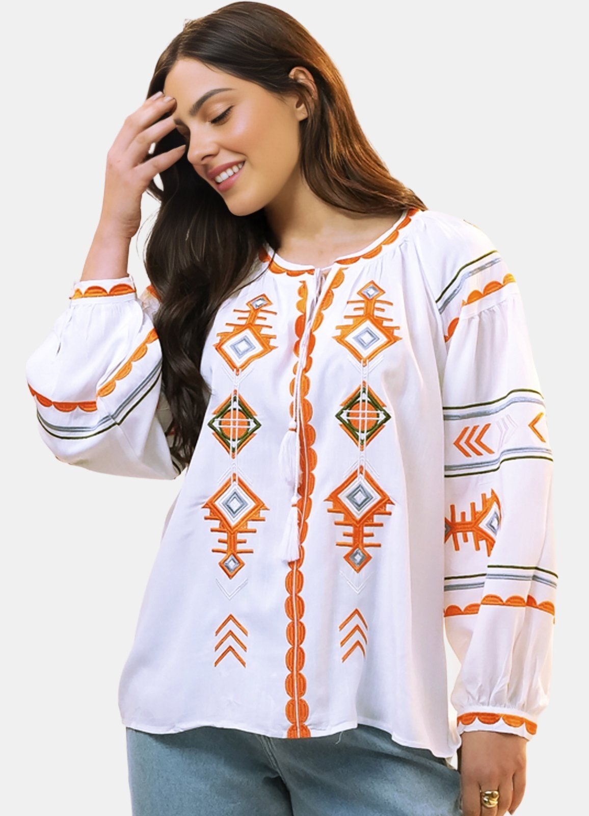 Vista 3 Blusa Branca Boho Bordada em Viscose com Mangas SOB branco SOB branco