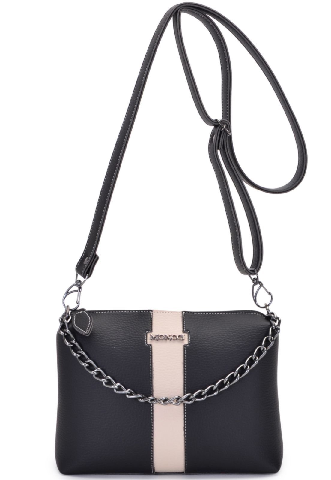Bolsa Feminina Moncci Londres Pequena Transversal Alça Tiracolo Com Corrente Preto Com Branco