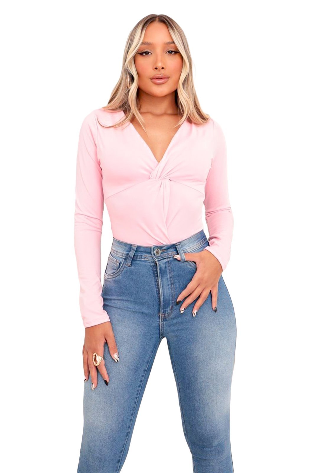 Body Bore Bori YWC ind Manga Longa Decote V Roupas Femininas Rosa