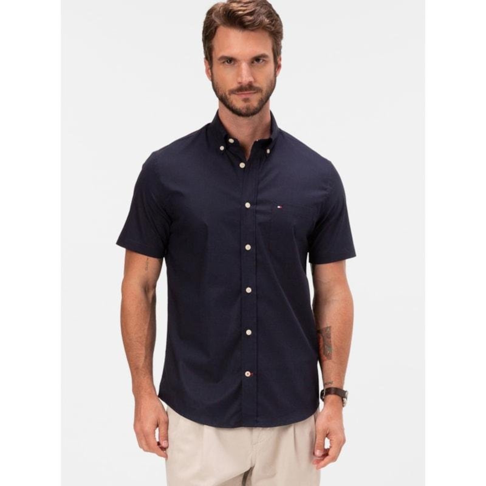 Camisa Oxford Manga Curta Azul Marinho