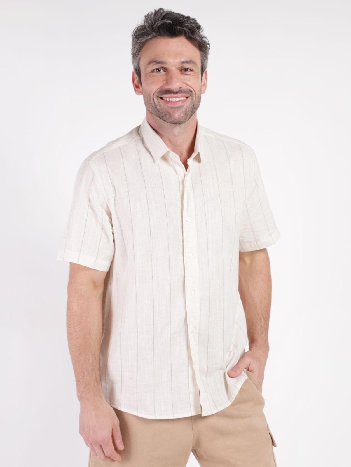 Vista 2 Camisa Manga Curta Eletrón Masculina bege Elétron bege