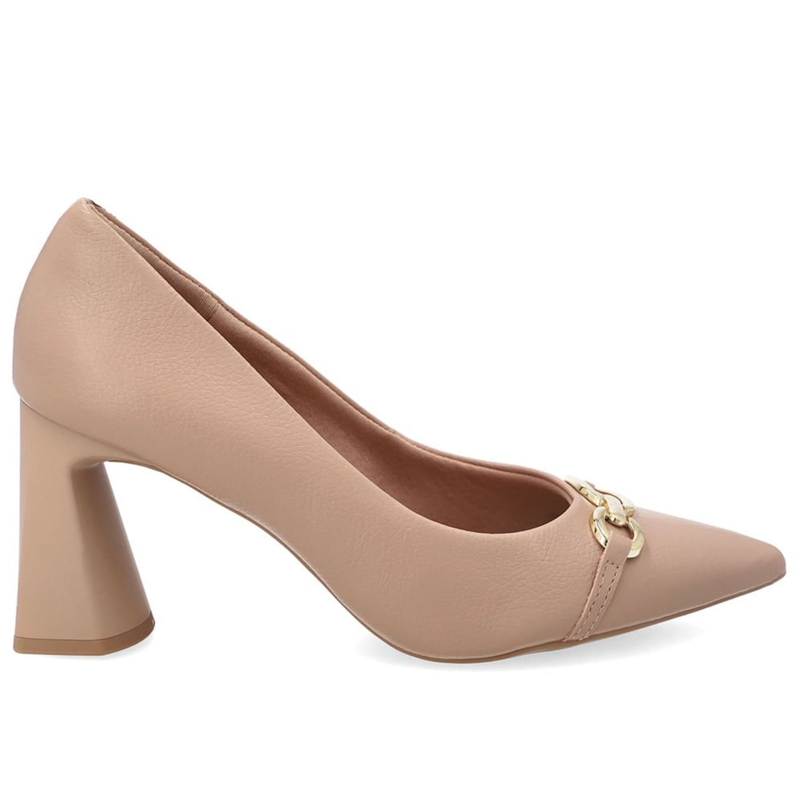 Scarpin Em Couro Bege Bico Fino Com Enfeite