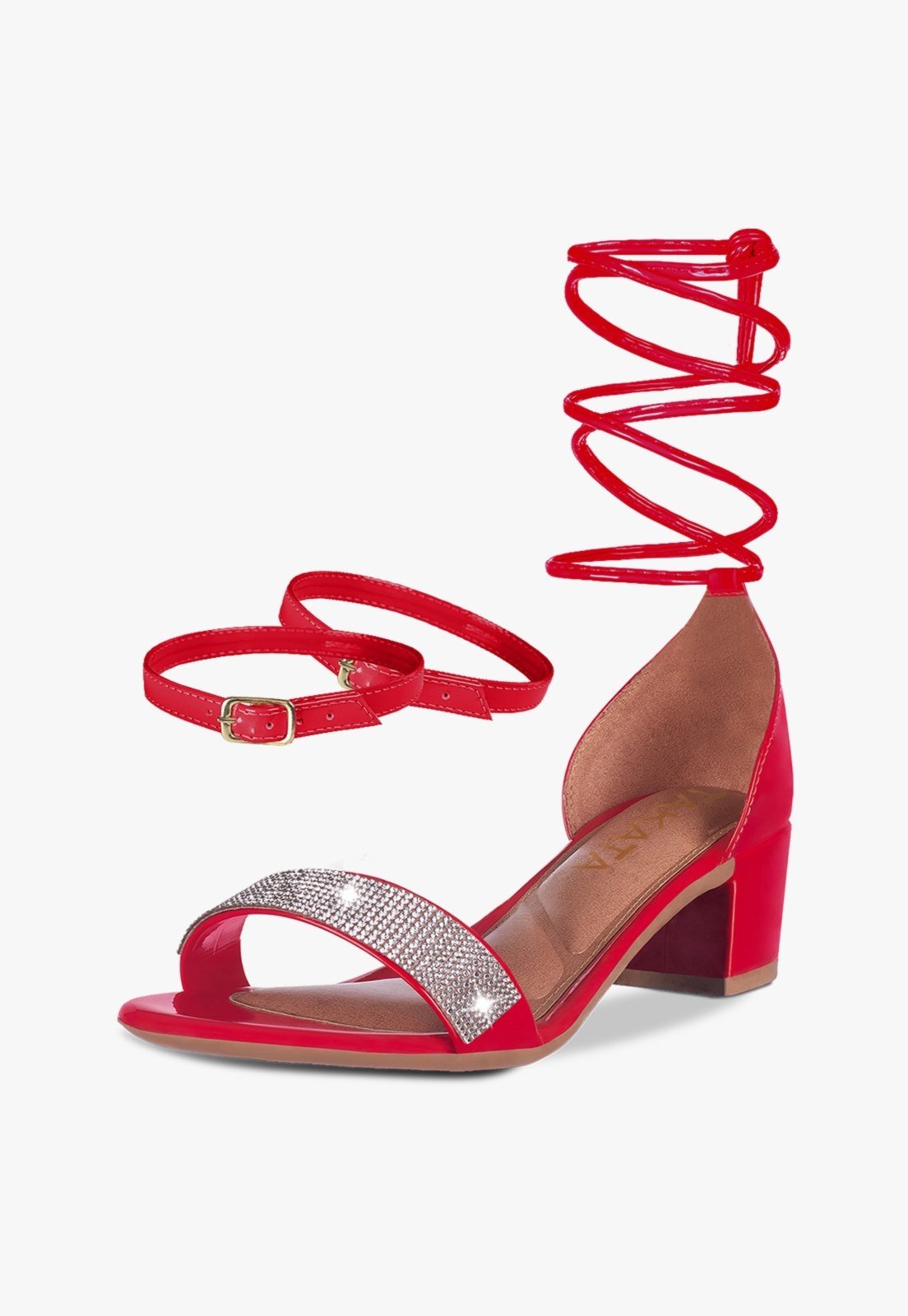 Sandália Feminina Tira Salto Quadrado Grosso Baixo Manta Strass Confortável Sapato Festa Vermelho