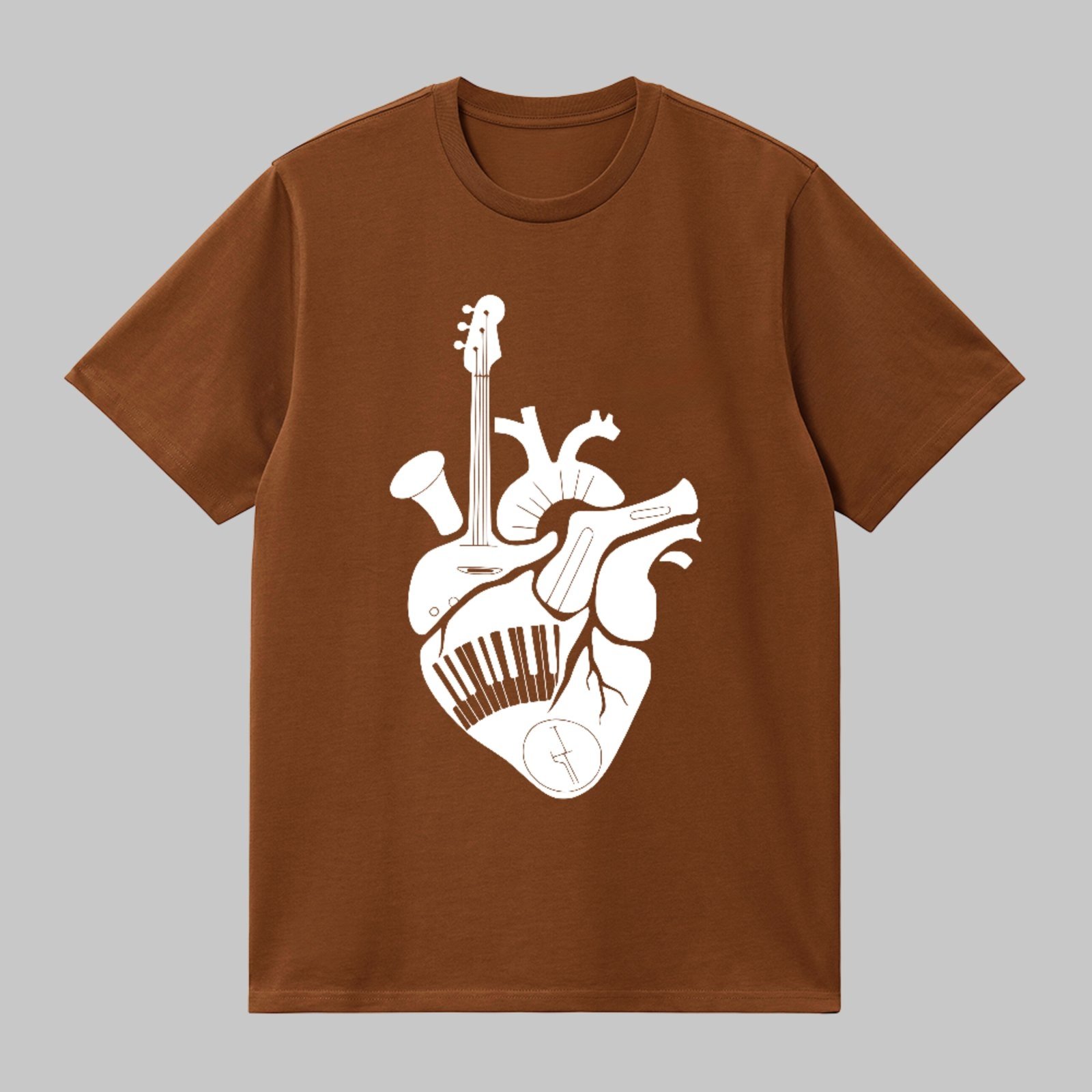 Camiseta Básica Coração Musical Instrumentos Estilo Artístico Marrom