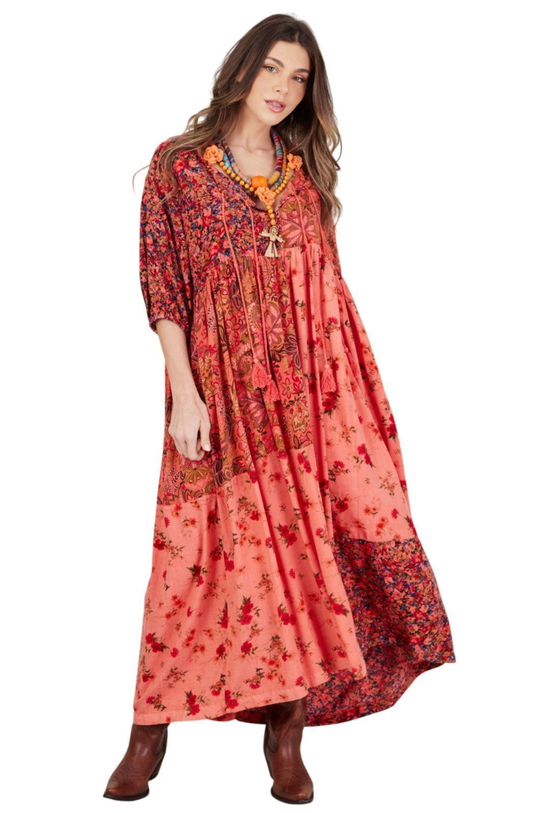 Vestido Midi Ombro A Ombro Rosa Patchwork Yacamim C19 – Estampado