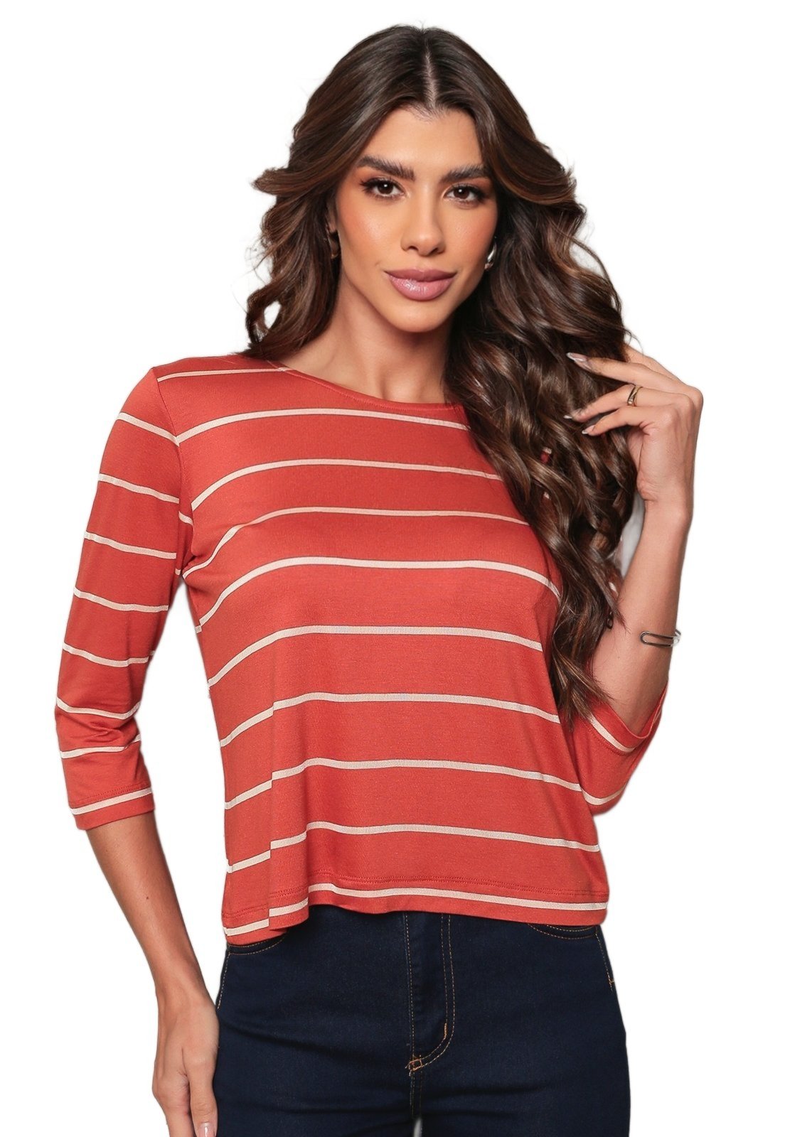 Blusa Manga 3/4 Dellamarca Listrada Laranja