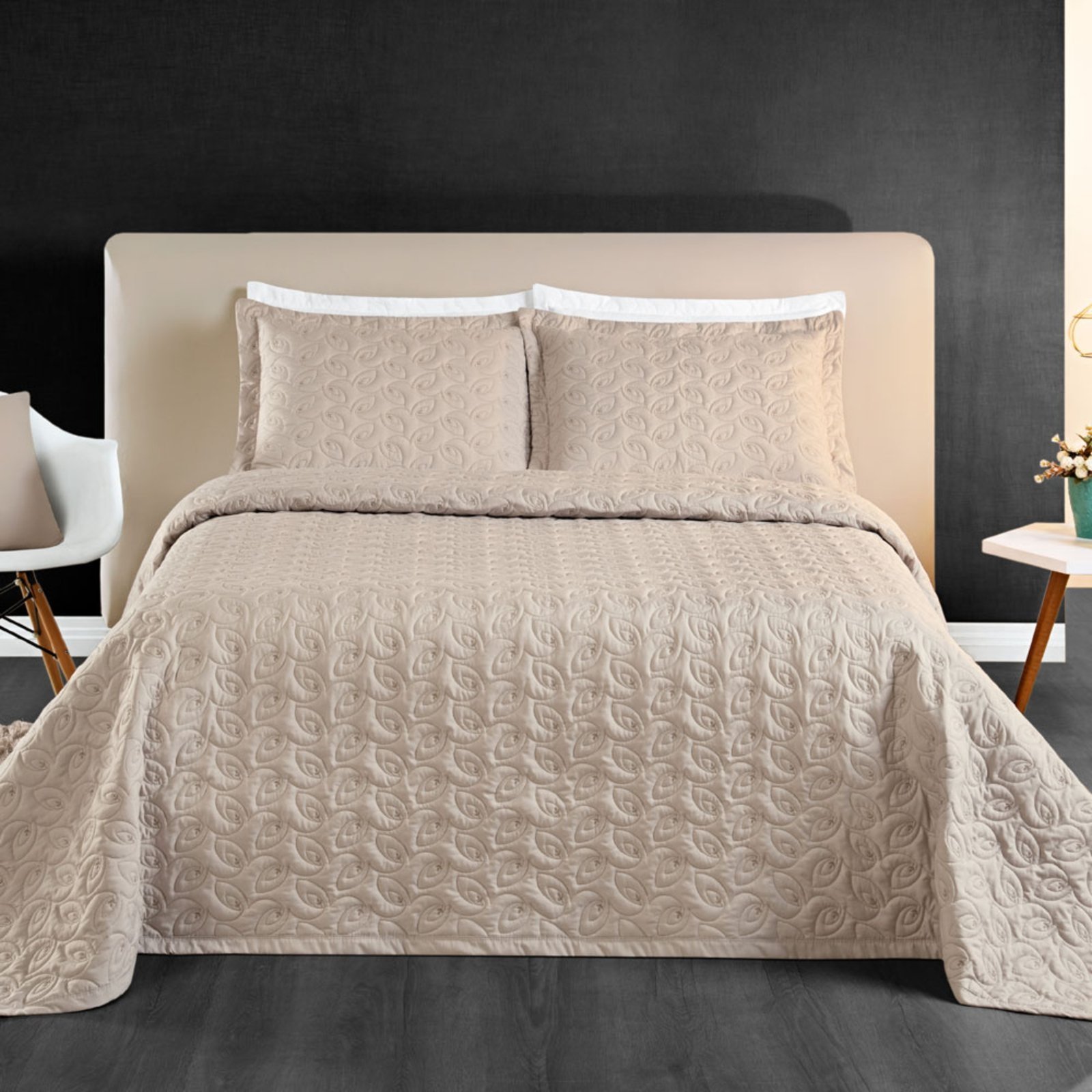 Kit Cobre Leito Colcha Casa Scarpa Desirée King Bordado Micropercal 200 Fios 3 Peças - Bege