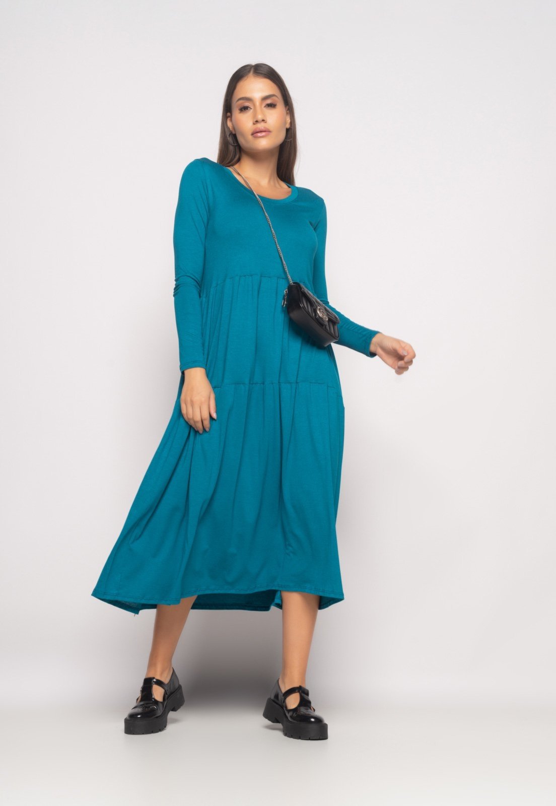 Vestido Midi Manga Longa Com Babado Malha Salvatore Azul