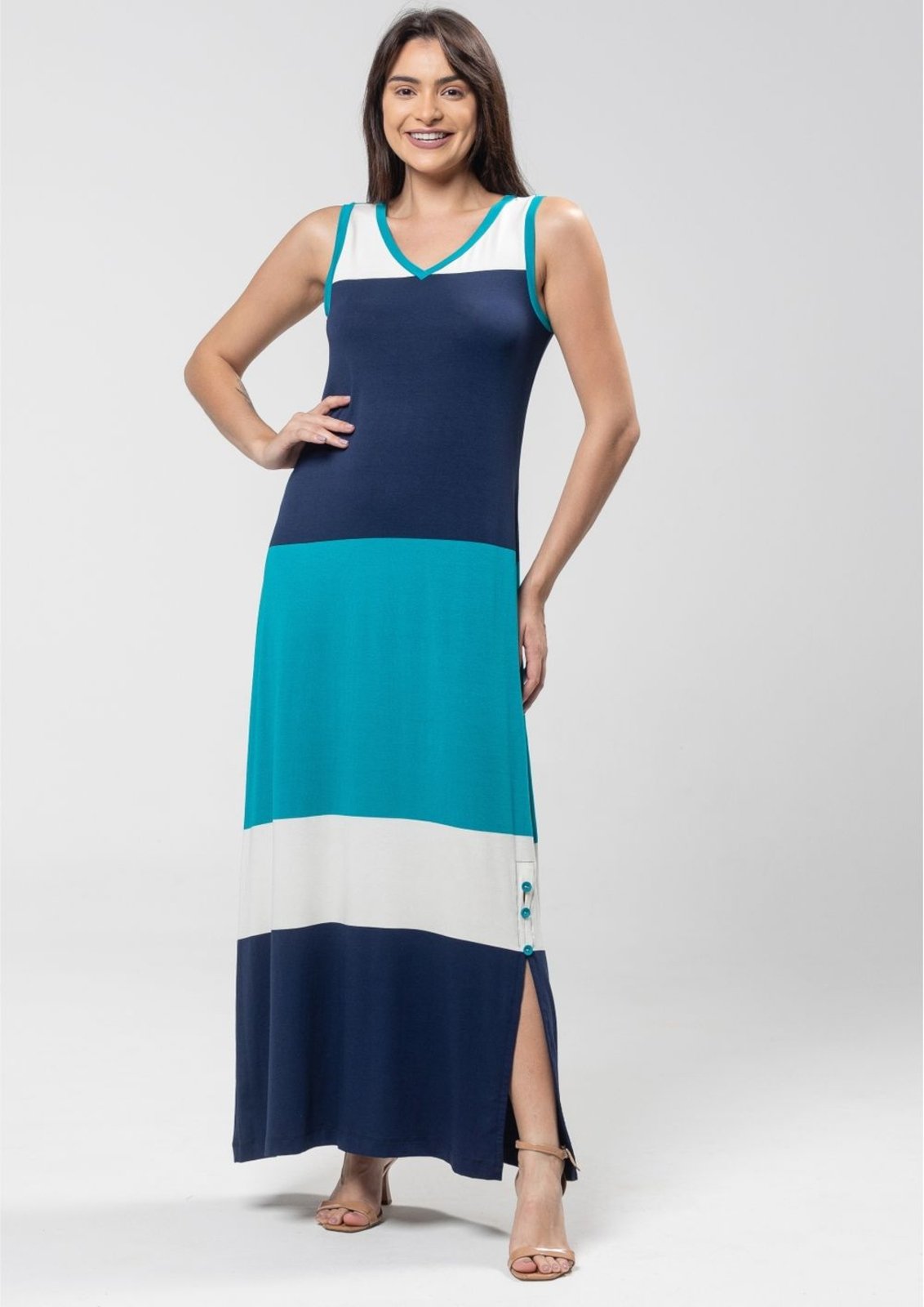 Vestido Longo Pau a Pique Listrado Azul Marinho, Branco e Azul AZUL – M Pau a Pique