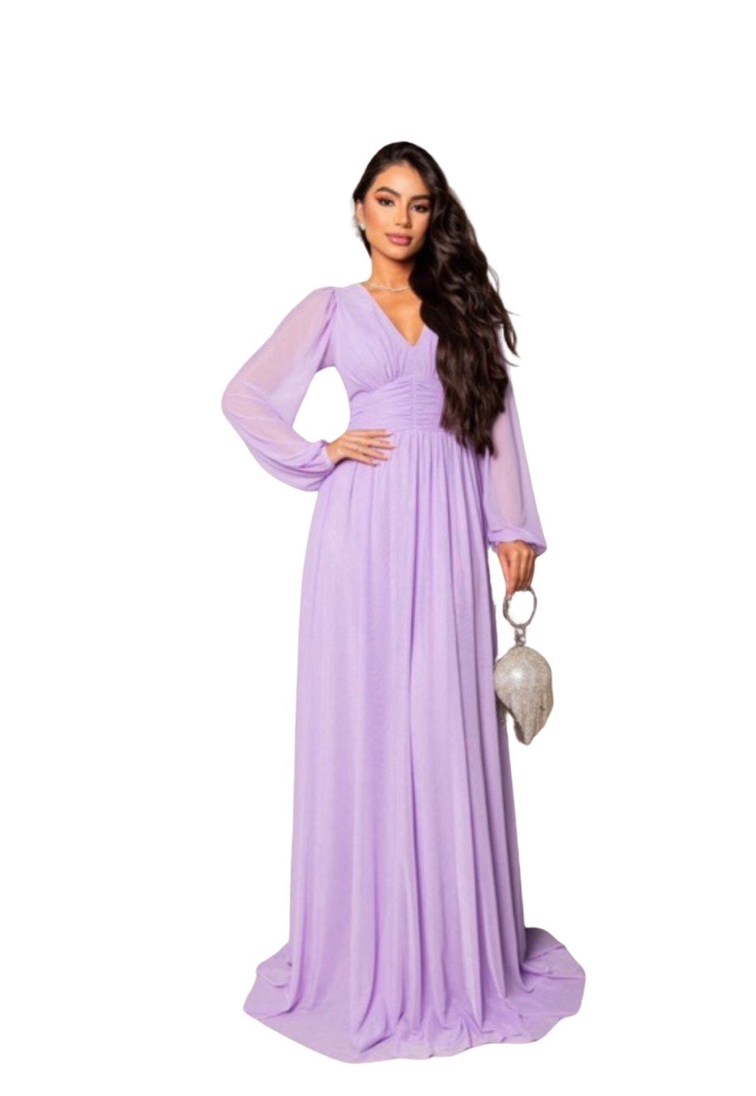 Vestido Longo de Festa Micro Tule Manga Longa Graciany Lavanda Lilás