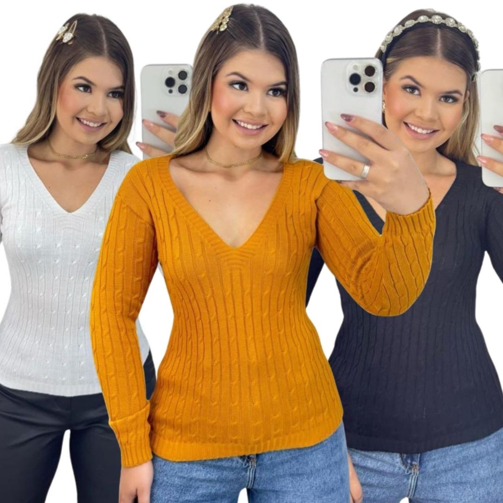 Kit 3 Blusas FMF Femininas Suéter Malha Tricô Manga Longa