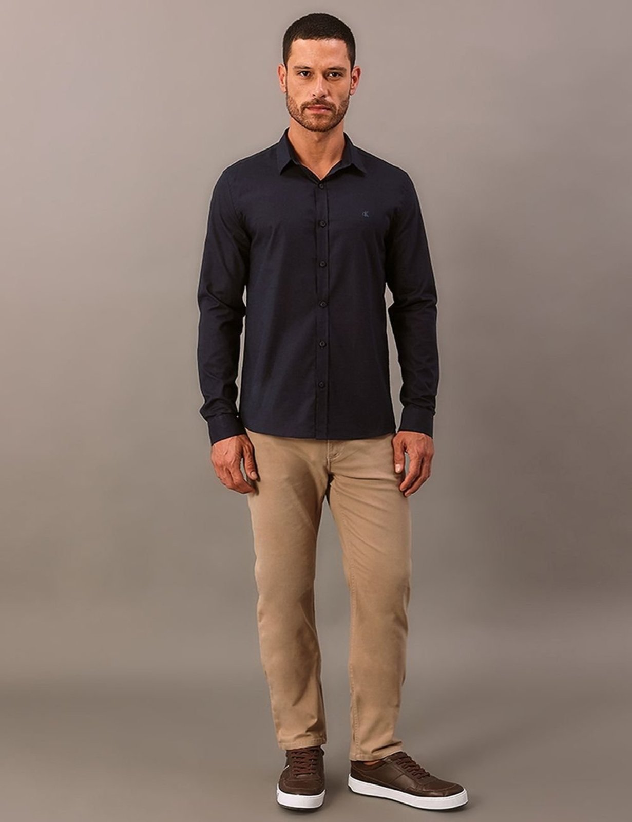 Camisa Manga Longa Calvin Klein Jeans Slim Cotton Linen - Marinho Calvin Klein Jeans