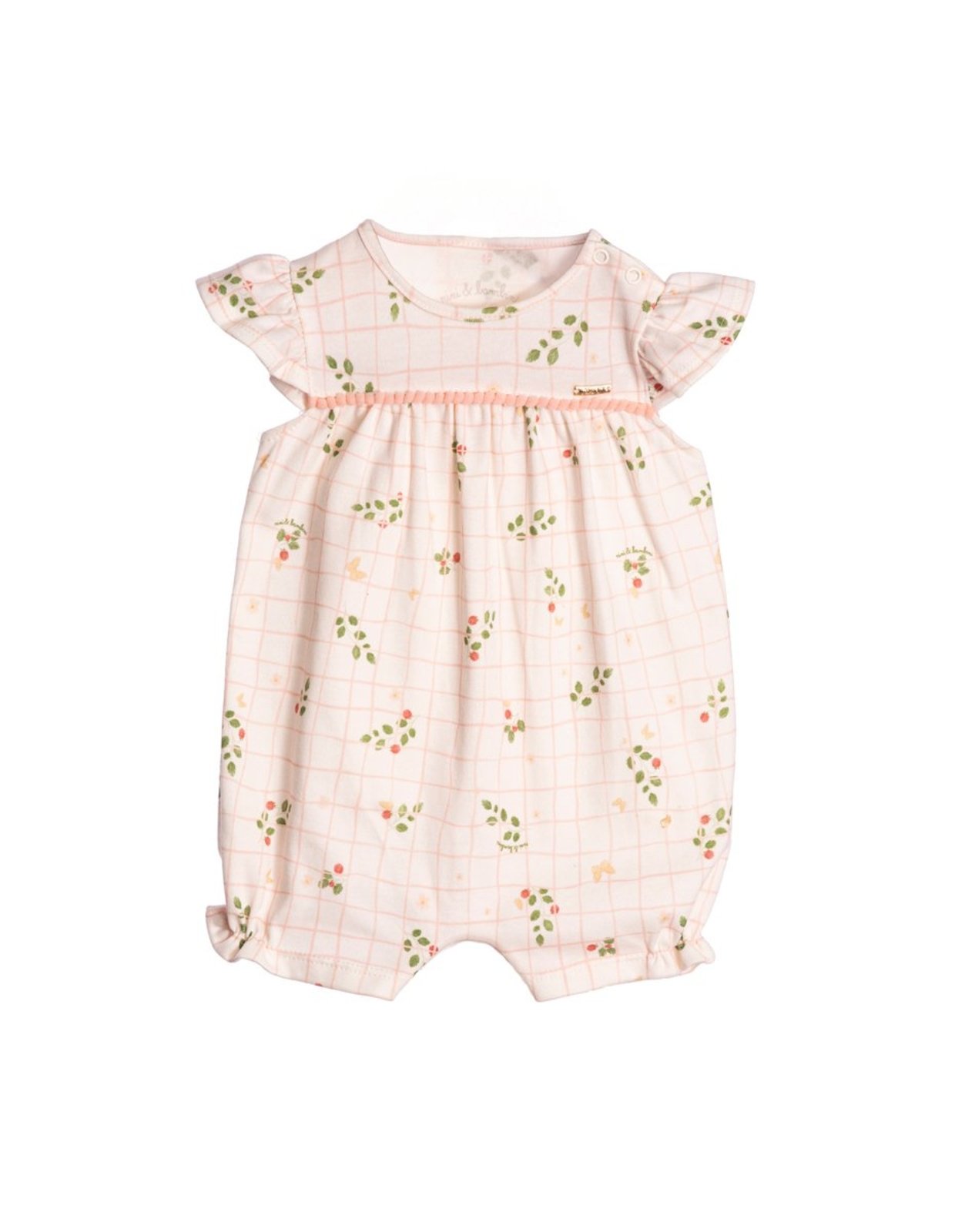 Infantil - Macacão curto suedine estampado xadrez floral
