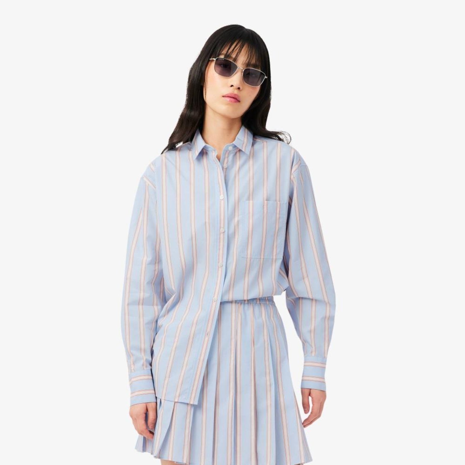 Camisa Oversized em Popeline de Algodão Azul Claro / Rosa / Branc - 36 Azul