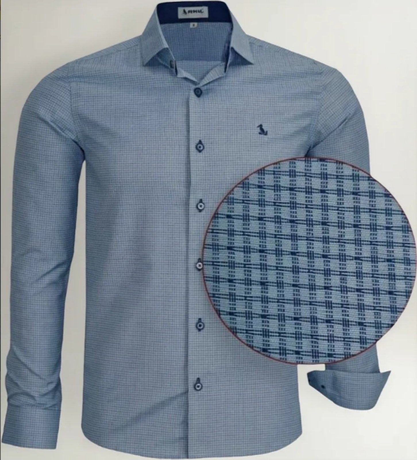 Camisa Social Amil Slim Stay Misto Micro Estampa Manga Longa Luxo Azul