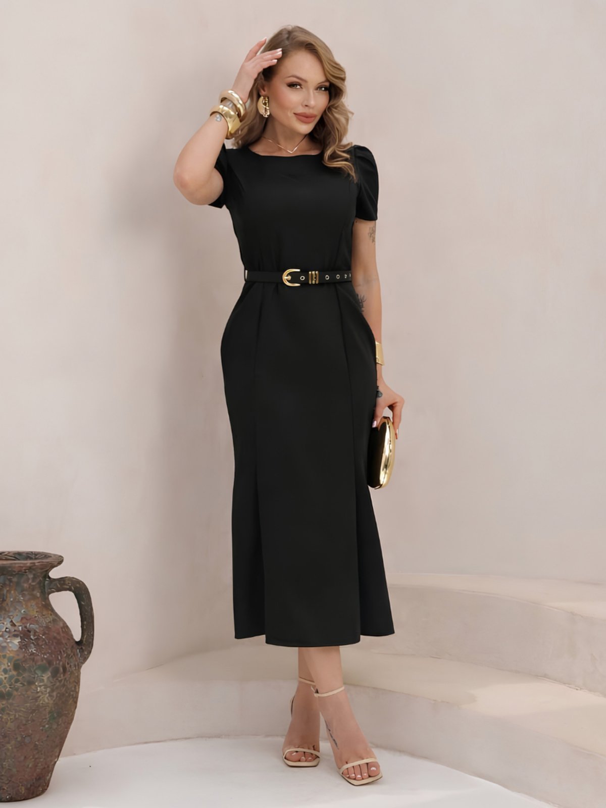 Vestido Maxi Midi Feminino Alfaiataria Acinturado Manga Princesa Social Elegante Sofisticado Preto