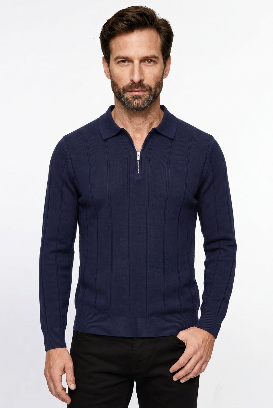 Blusa masculina manga longa gola polo com zíper 69627 - Azul Marinho
