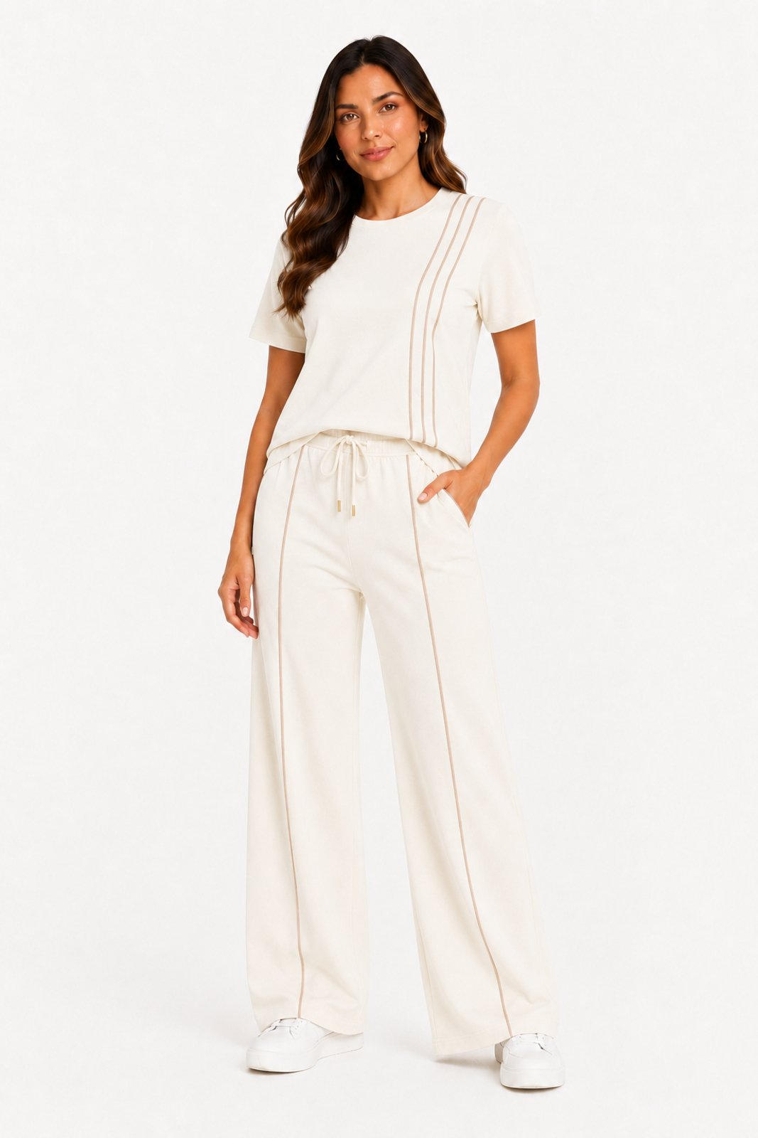 Conjunto Feminino D Bell Outlet Fashion Moletinho Listras Off-White