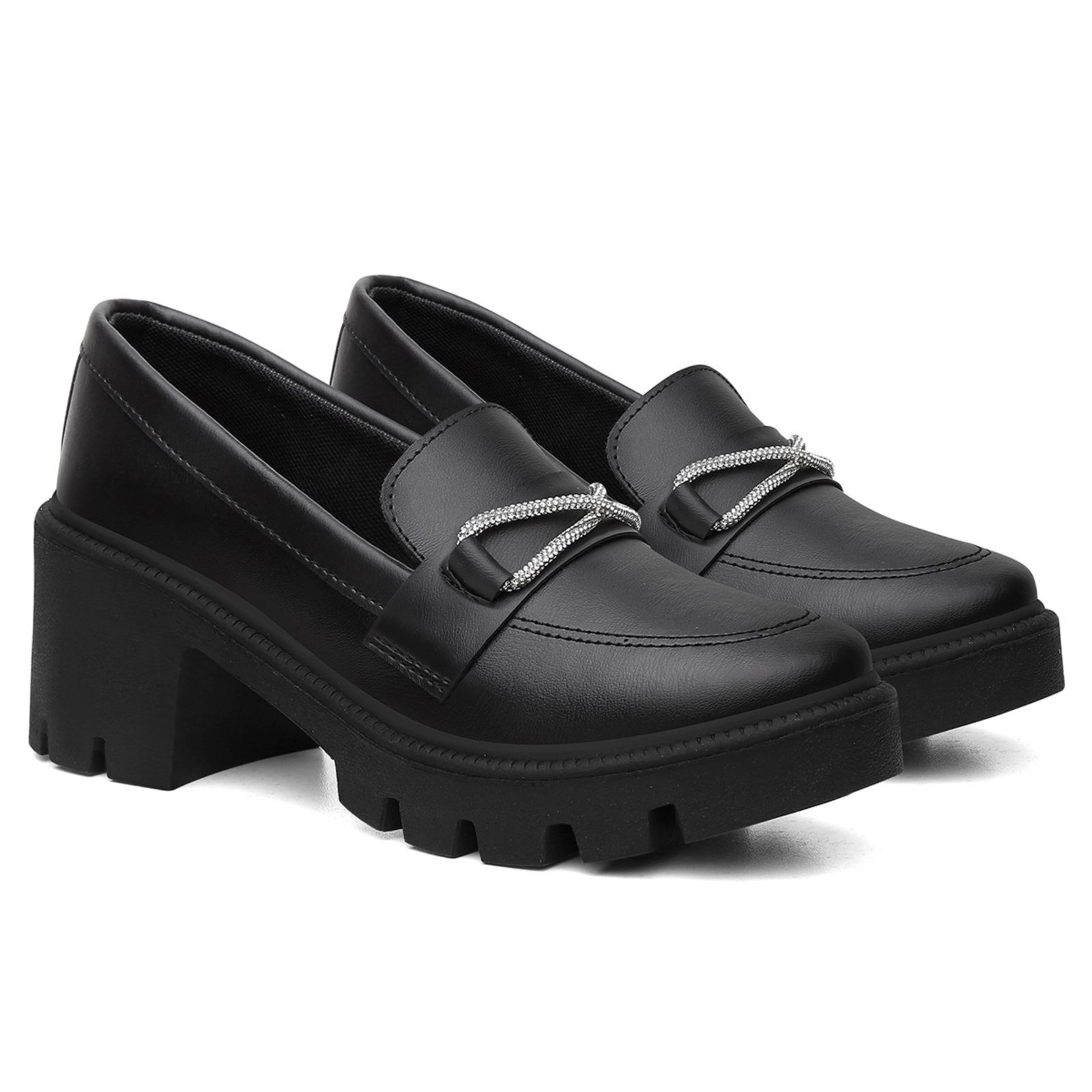 Sapato Feminino Mocassim Anna Andrade Casual Salto Grosso Baixo Brilho Moda Tendência Preto