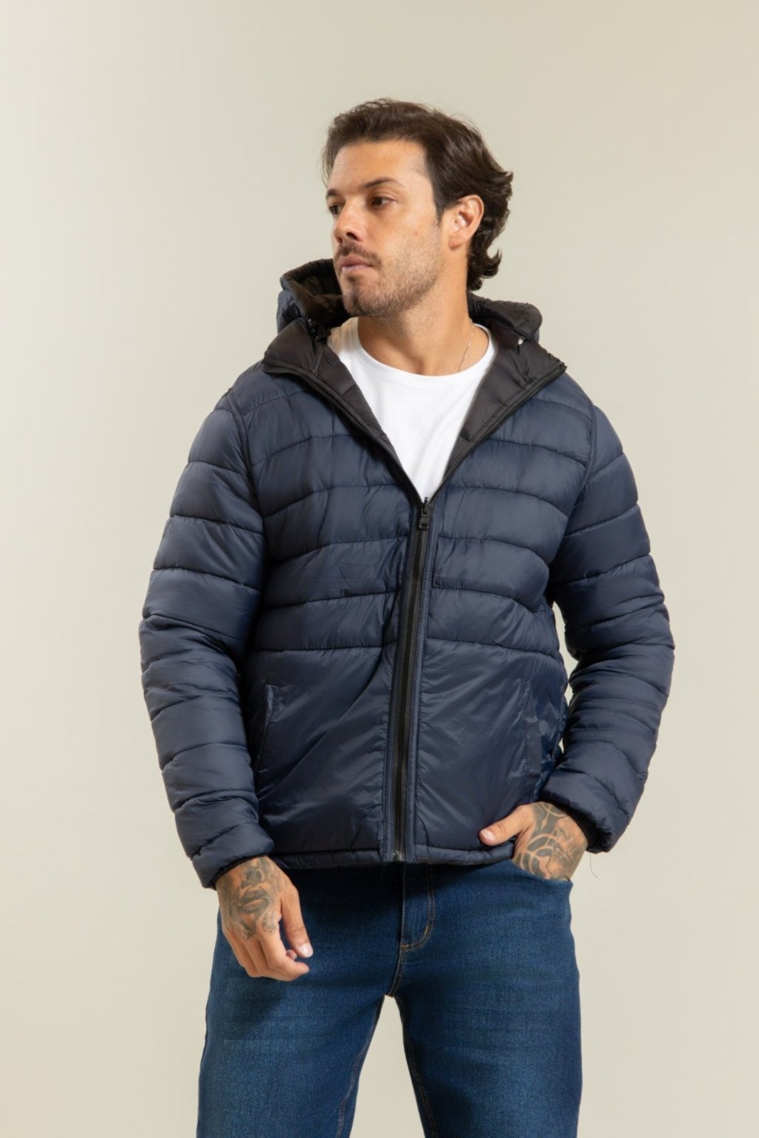 Jaqueta Masculina Puffer Dupla Face Inverno Capuz Removivel Preto E Marinho