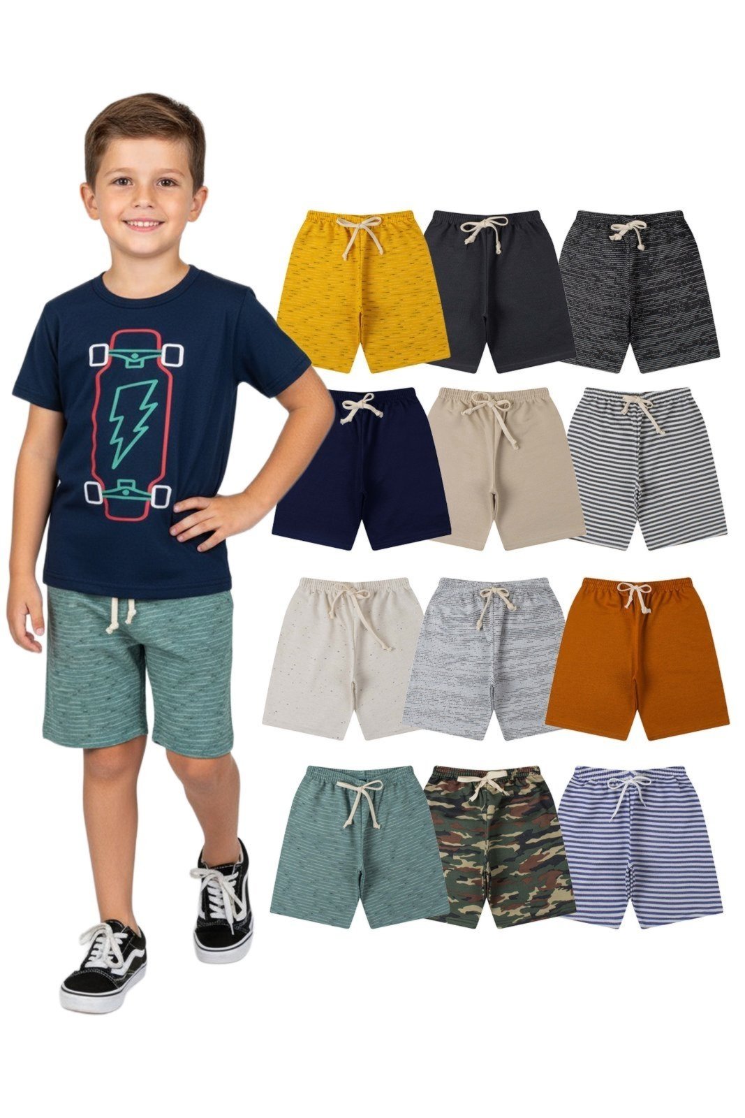 Vista 2 Infantil - Kit Sortido 5 Bermudas Menino Babei no Look unico Babei no Look unico