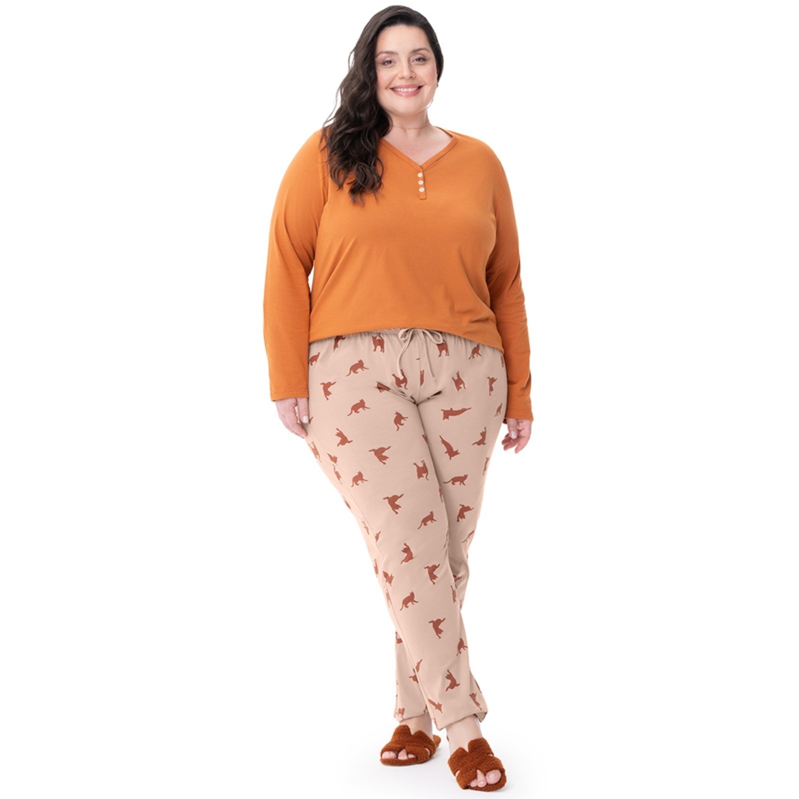 Pijama Manga Longa em Algodão Plus Size Estampa Gatos