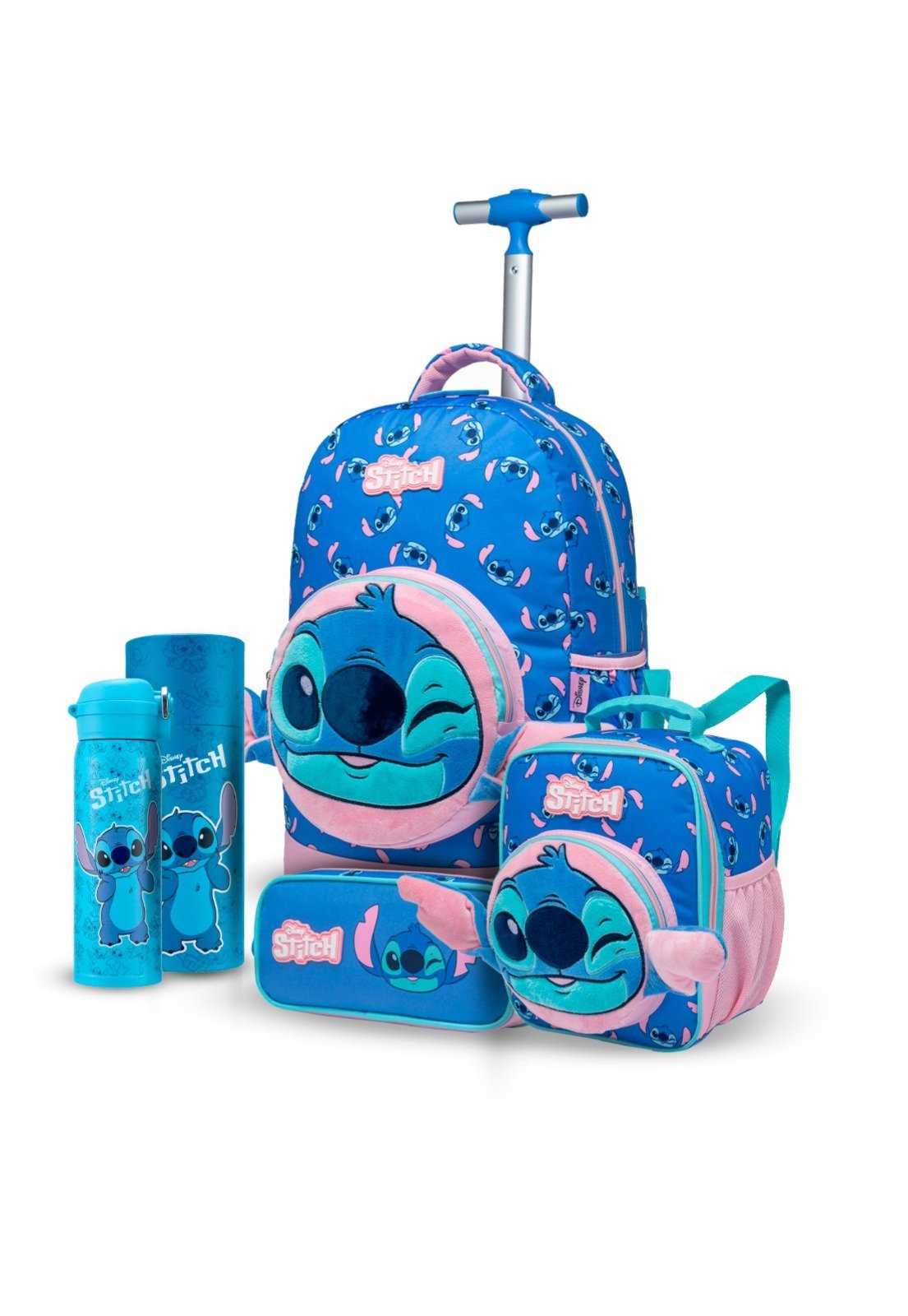 Infantil - Kit Mochila Disney Lancheira Estojo Garrafa Escolar Stitch Rodinha