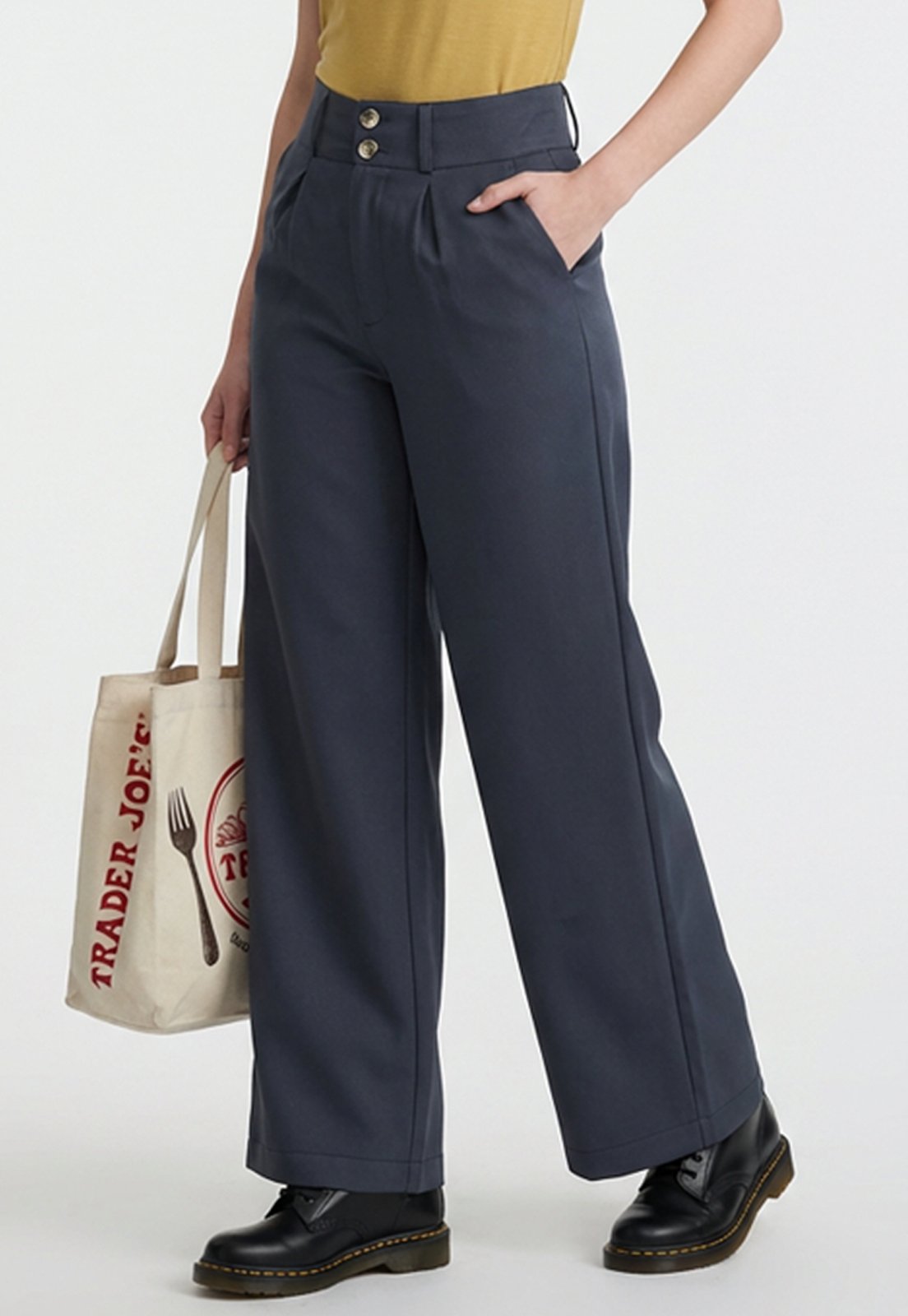 Calça Pantalona Feminina Alfaiataria Cintura Alta Social Cinza