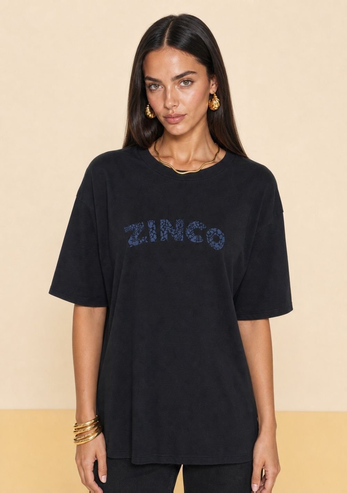 Camiseta Zinco Solta Decote Careca Manga Curta Padrão - Preto