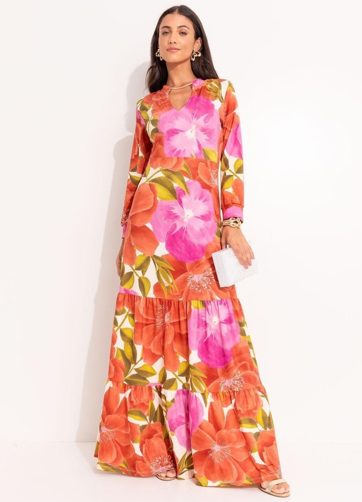 Vestido Malha Fria Floral Maxi Colorido Quintess