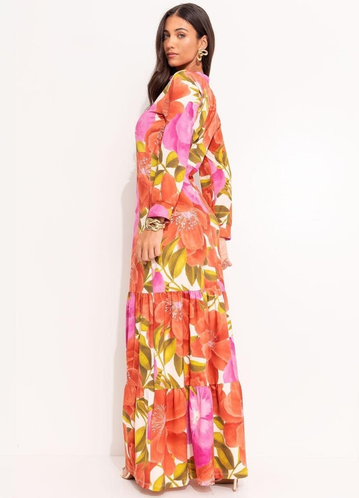 Vista 3 Vestido Malha Fria Floral Maxi Colorido Quintess laranja Quintess laranja
