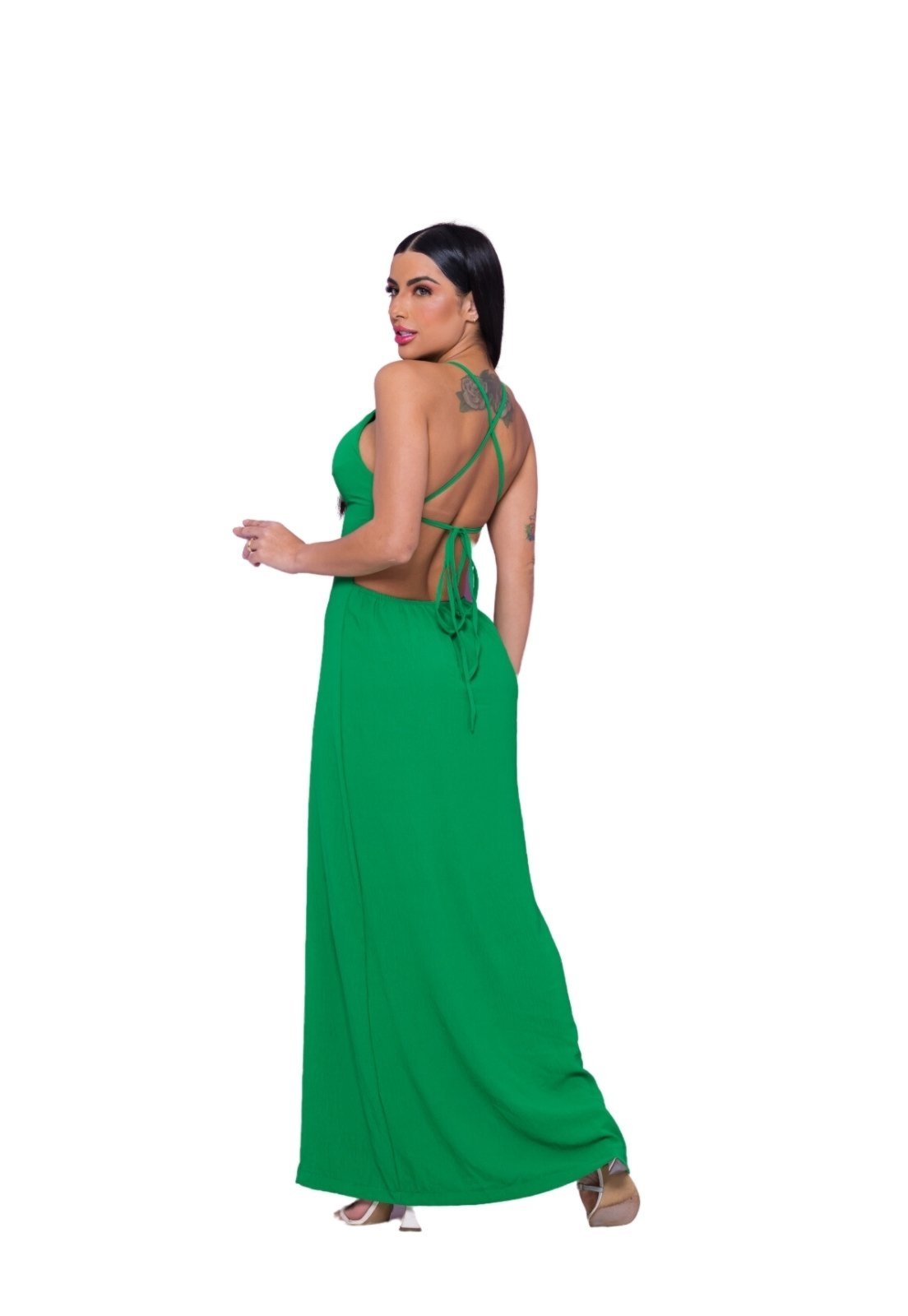 Vista 3 Vestido Longo Abertura Lateral Belice Viscolinho Cia do Vestido verde Cia do Vestido verde