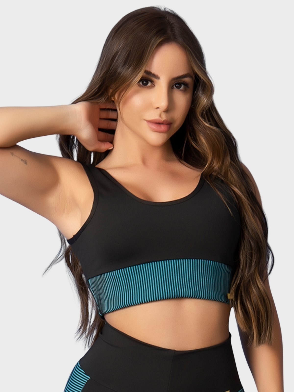 Top Fitness Tarelles Alça Larga 3D Forrado Preto e Azul