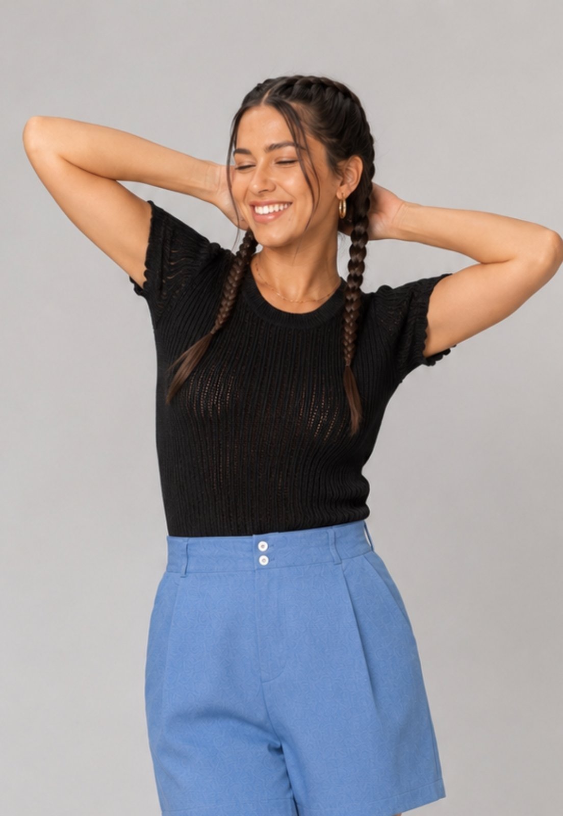 Blusa Tricot Fresh Canelado Manga Curta Salvatore Preta