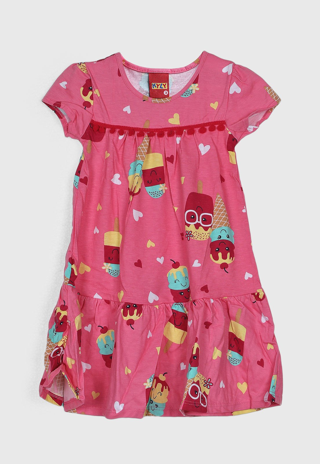 Vestido Kyly Estampa Sorvetes e Corações Rosa