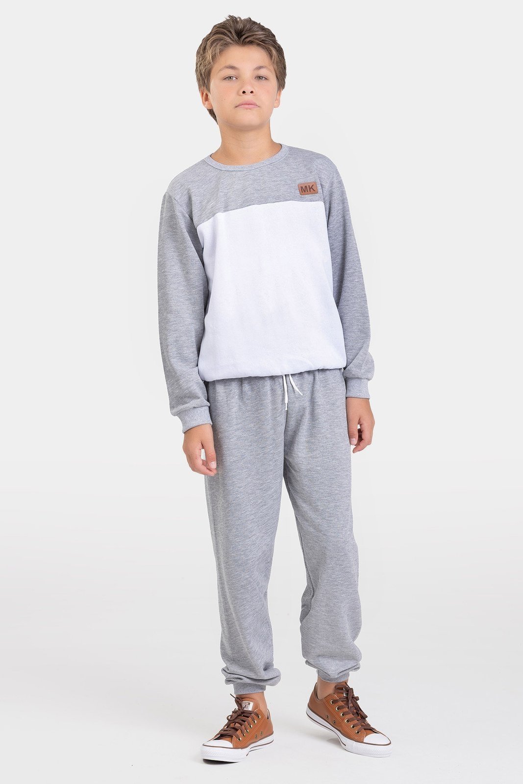 Infantil - Conjunto Moletom Peluciado Masculino Plaquinha Recortes - Mescla