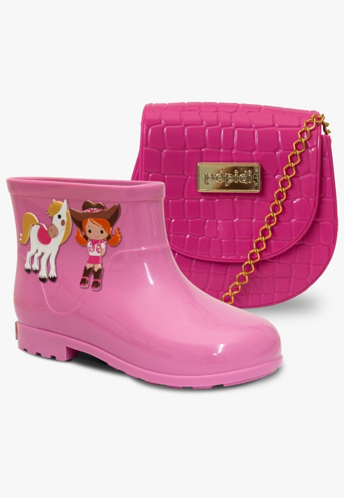 Infantil – Kit Bolsa e Bota Galocha Feminina Pópidi Menina Cowgirl Rosa