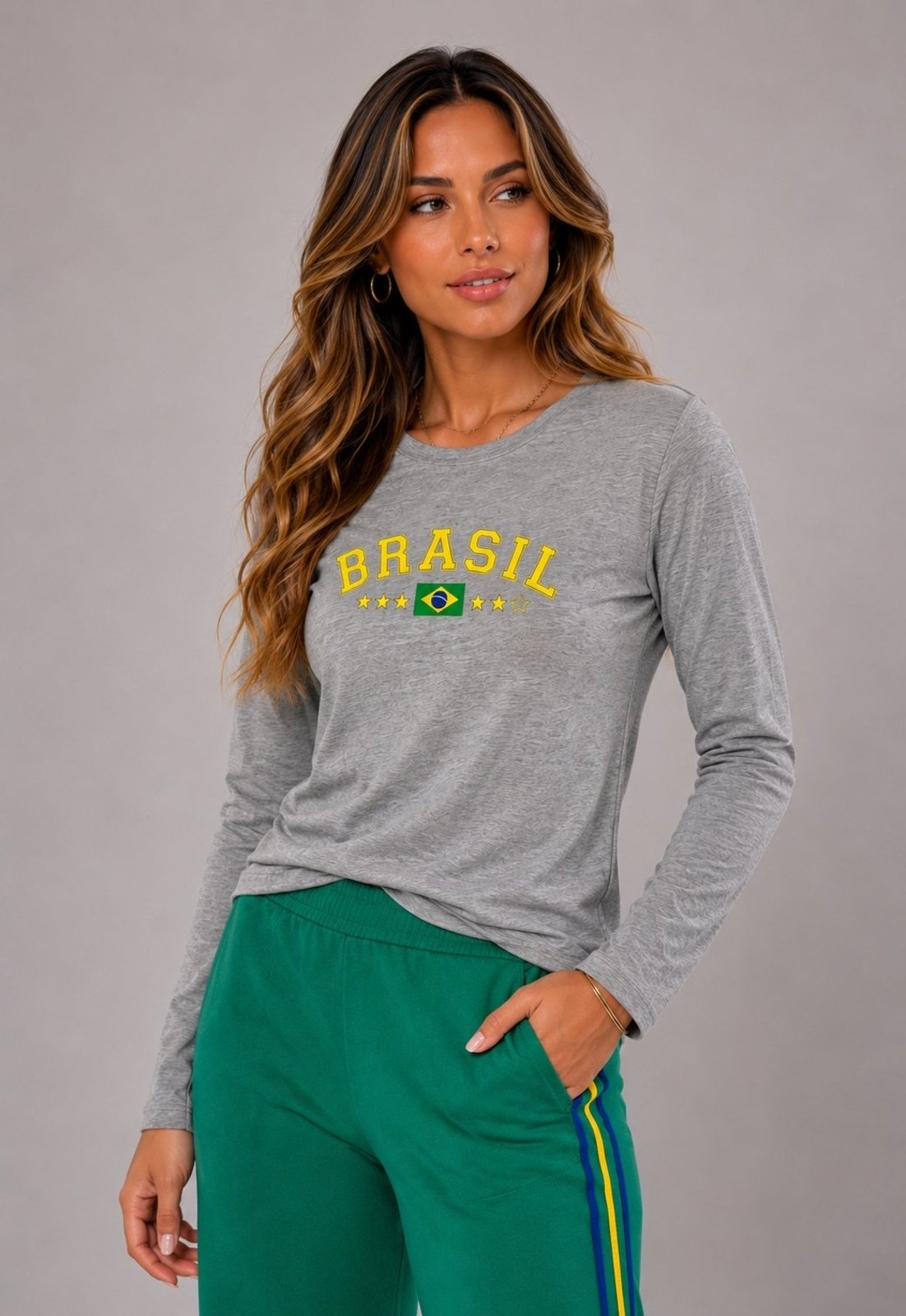 Blusa Malha Comfy Brasil Manga Longa Salvatore Cinza