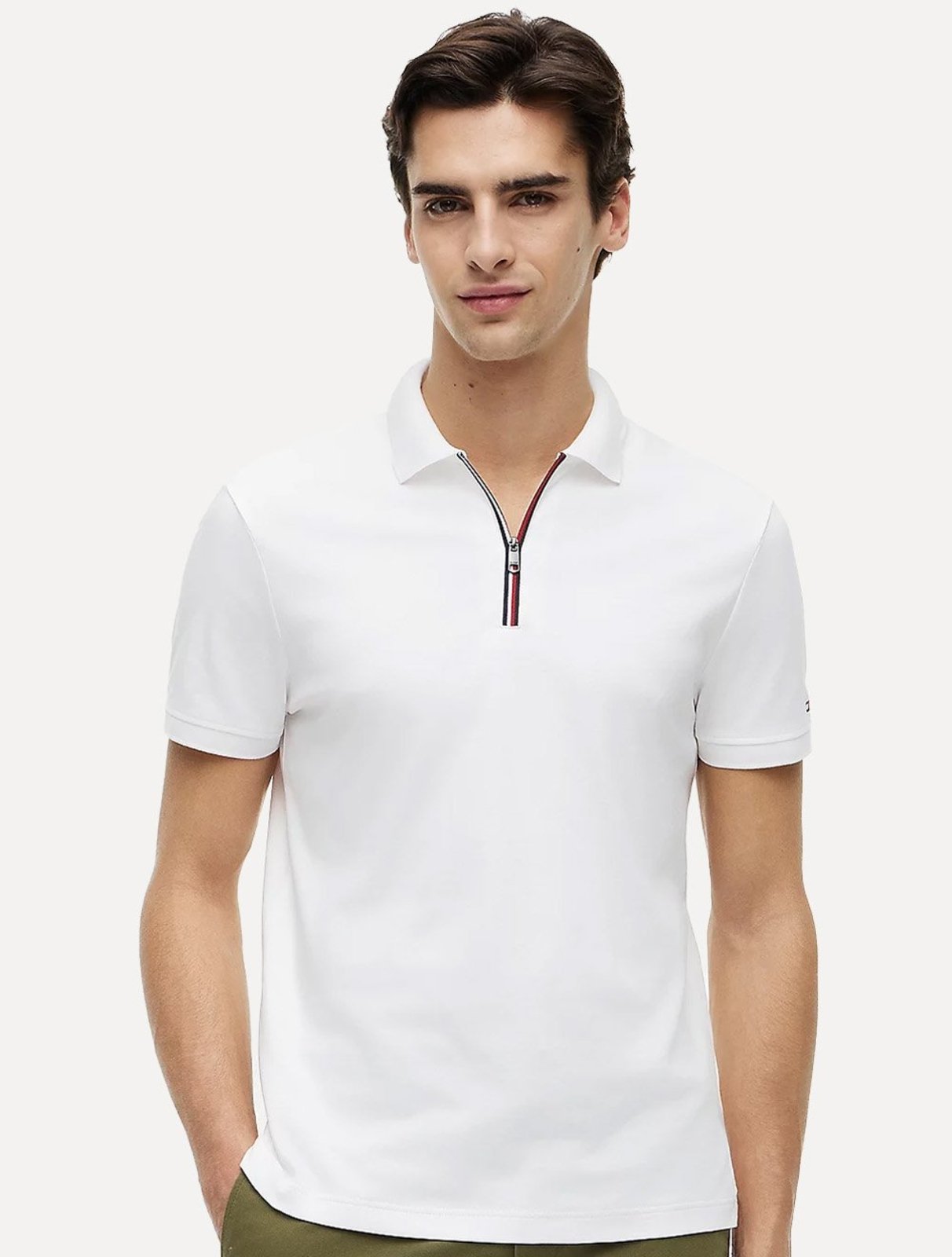 Polo Tommy Hilfiger Masculina Malha Liquid Cotton Zip Branca