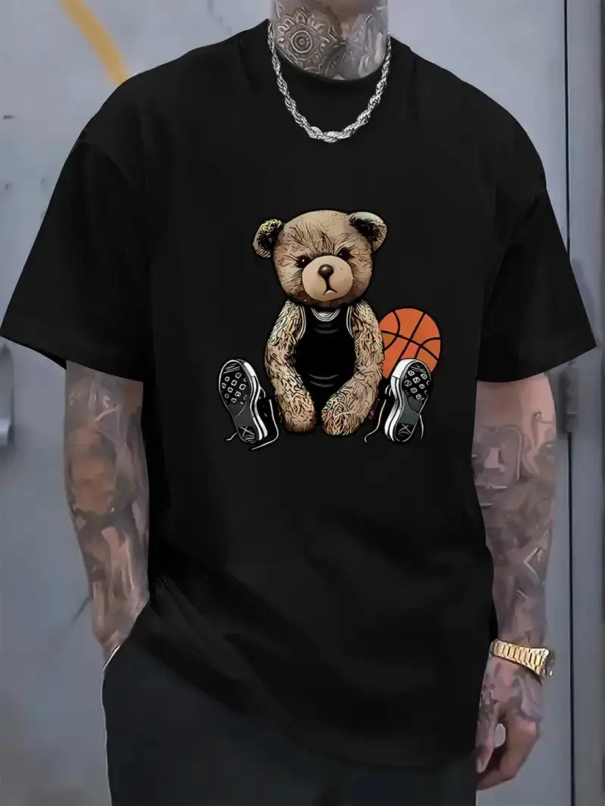 Camiseta Estampada Oversized Basquete Urso Safira Moda Algodão Preto