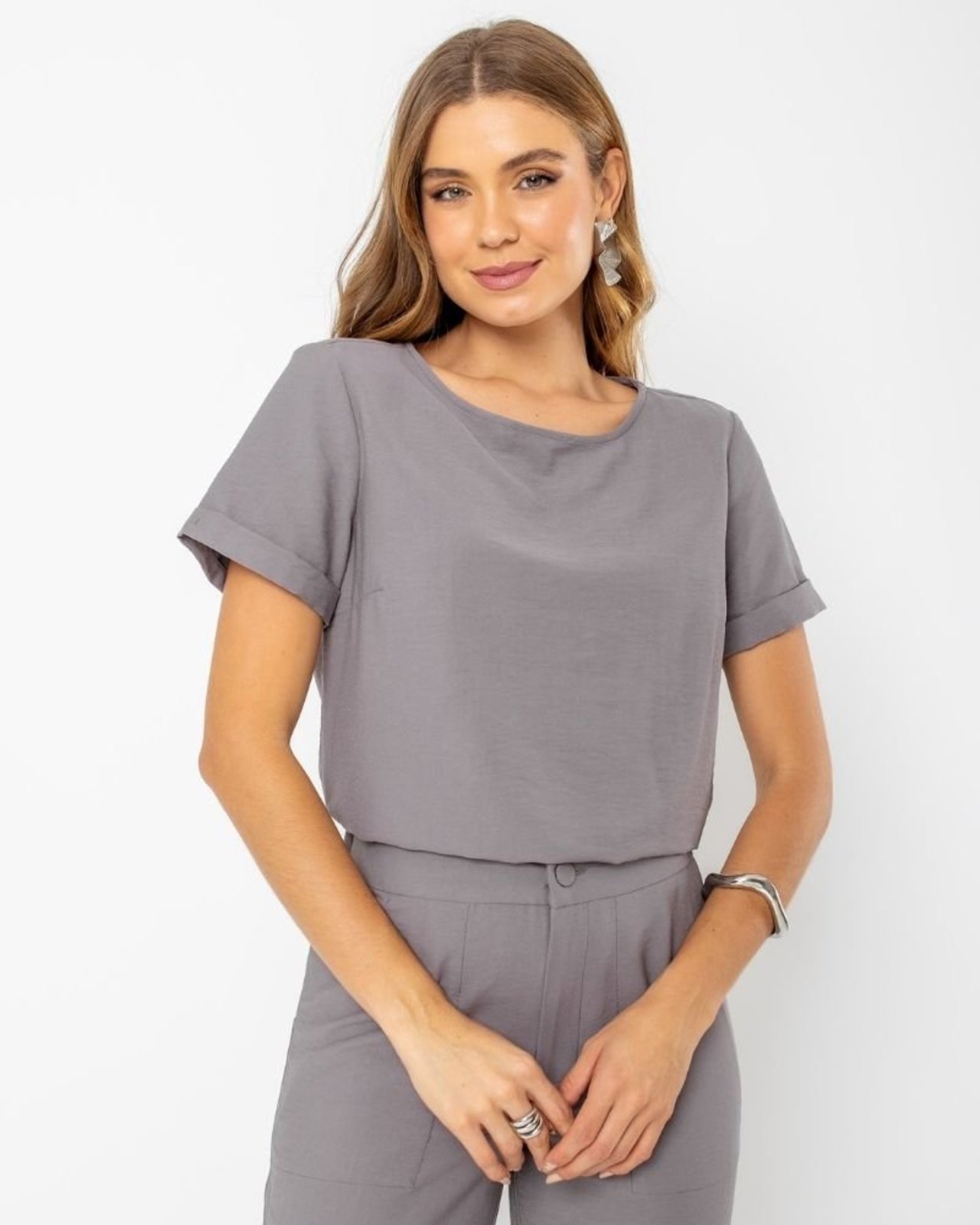 BLUSA MANGA CURTA VISCOSE TWILL AMALFI CINZA