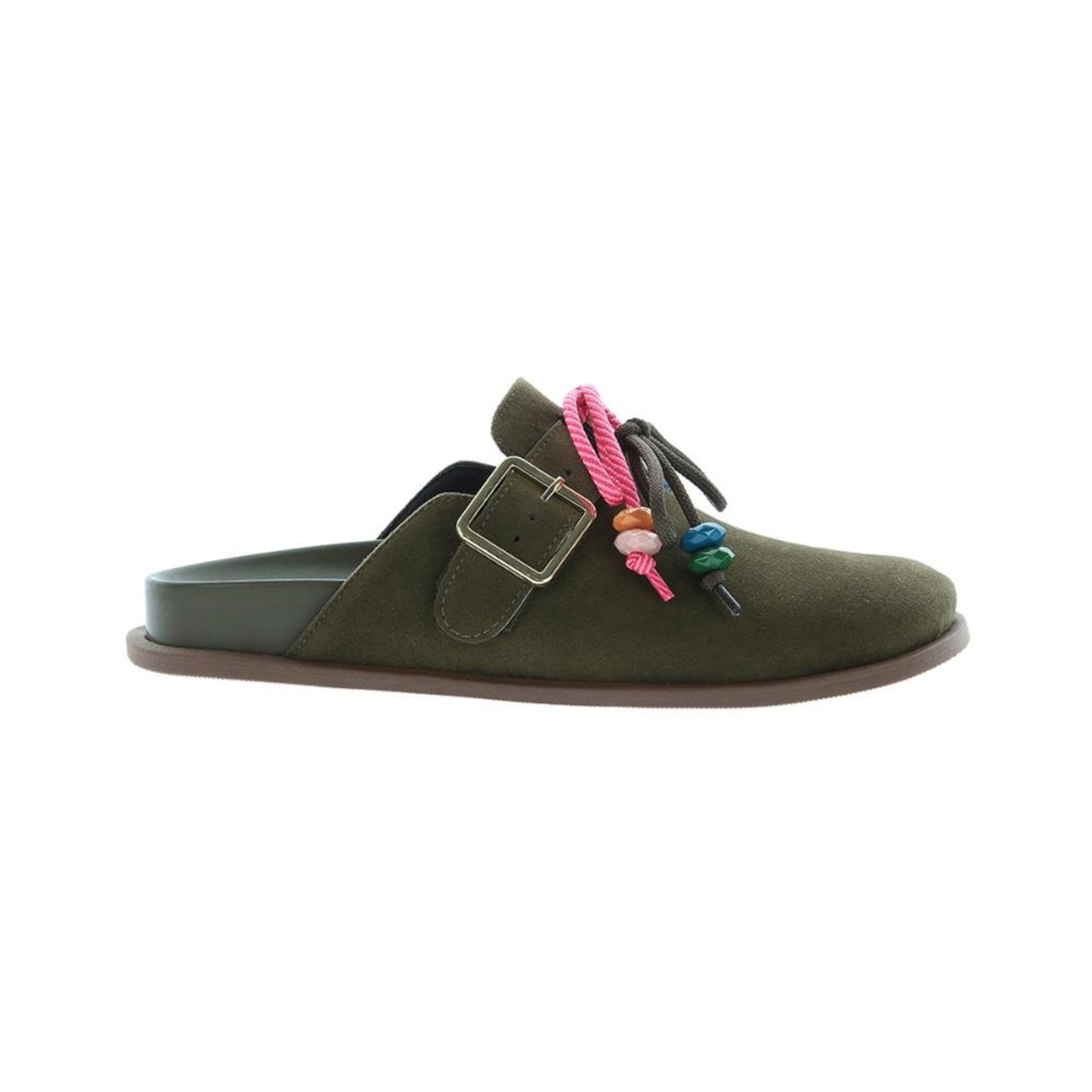 Clarissa - Mule Clog Feminino Verde Militar 2 em 1 Camurça com Enfeites Pingentes Verde