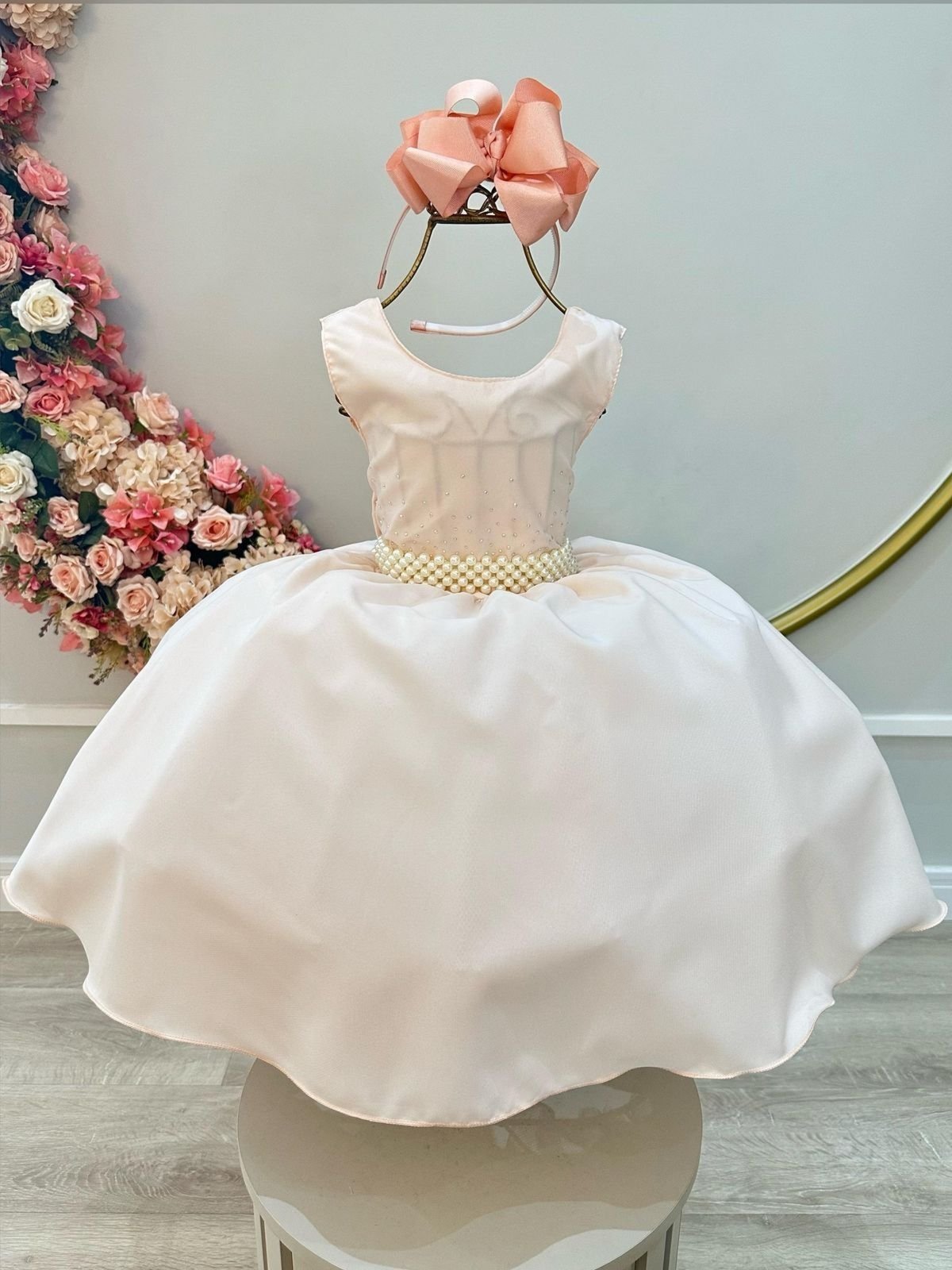 Infantil - Vestido Festa Rosa Rosé Salmão Formatura Florista Casamento Dama Daminha Social Menina Juvenil Pérolas Princesa Rodado Aniversário Luxo