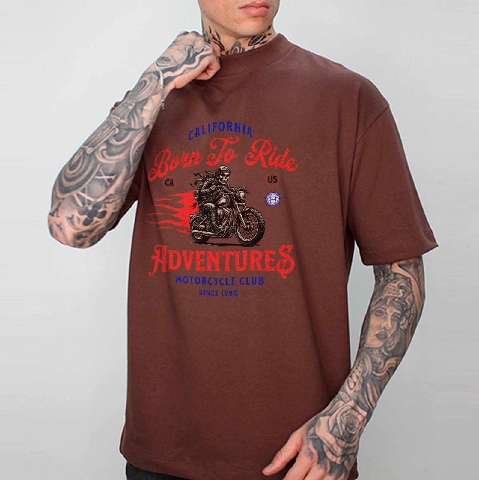 Camiseta Oversized Premium Born To Ride Motorcycle Adventures Unissex Marrom